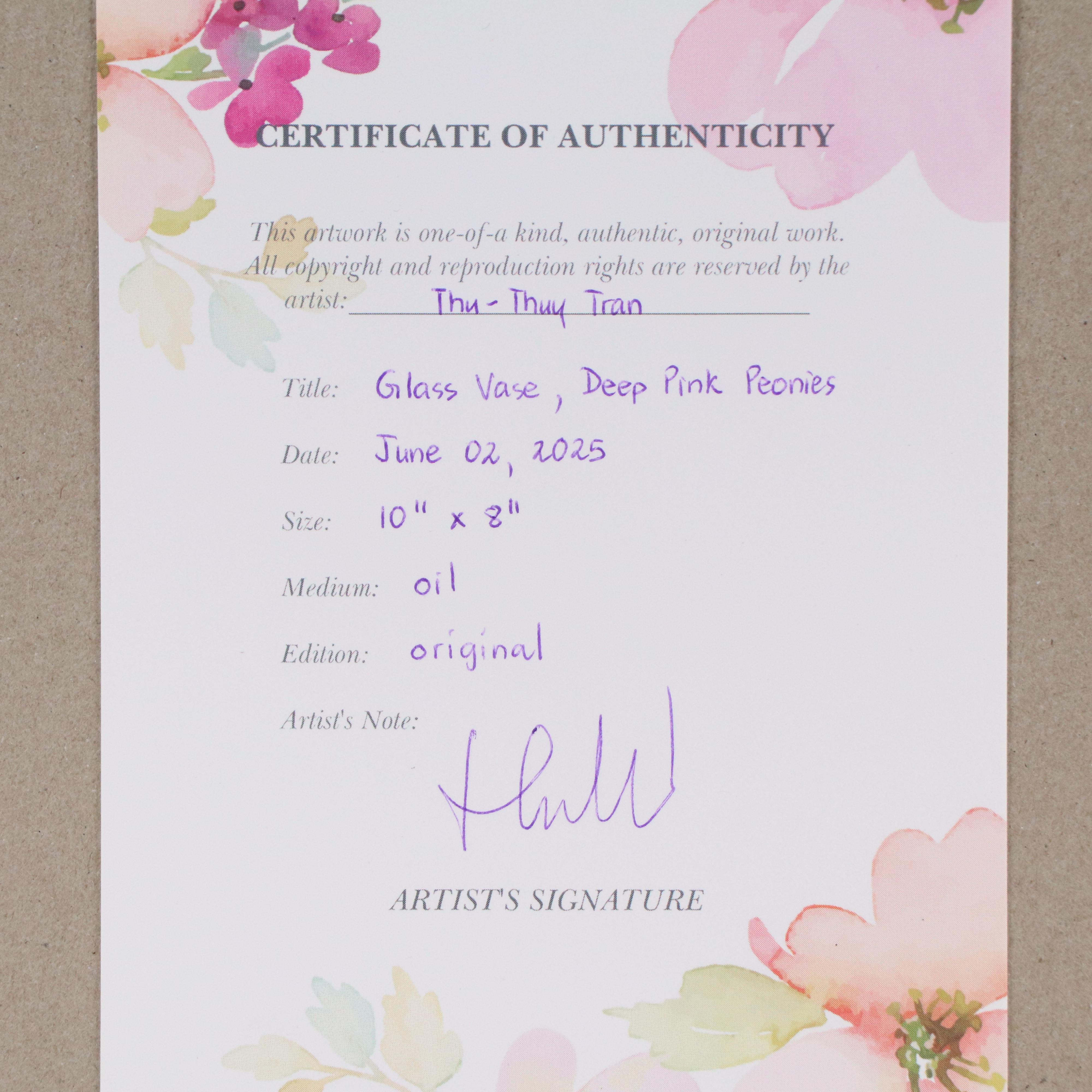 Thu-Thuy Tran Floral Oil Painting "Glass Vase, Deep Pink Peonies," 2025