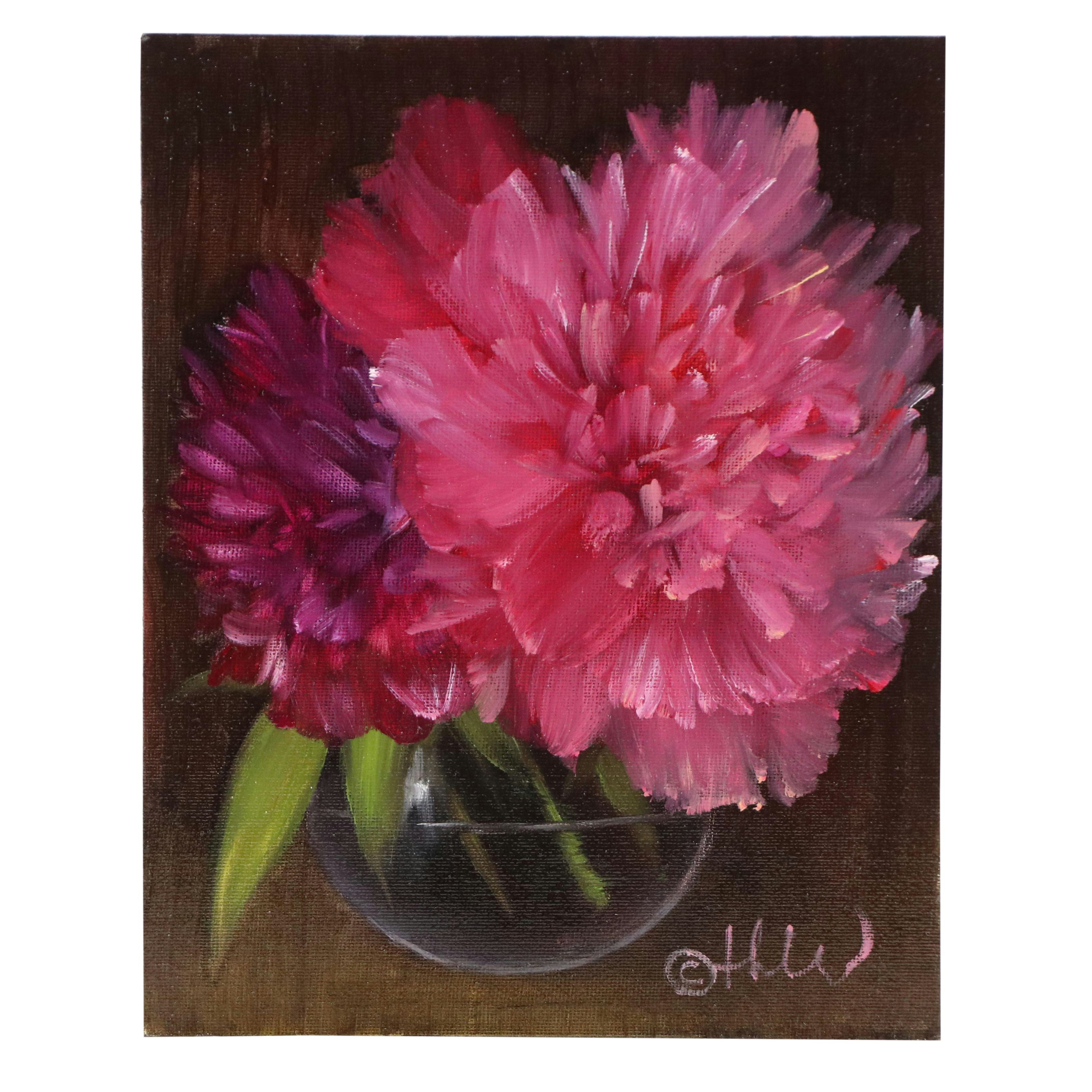 Thu-Thuy Tran Floral Oil Painting "Glass Vase, Deep Pink Peonies," 2025