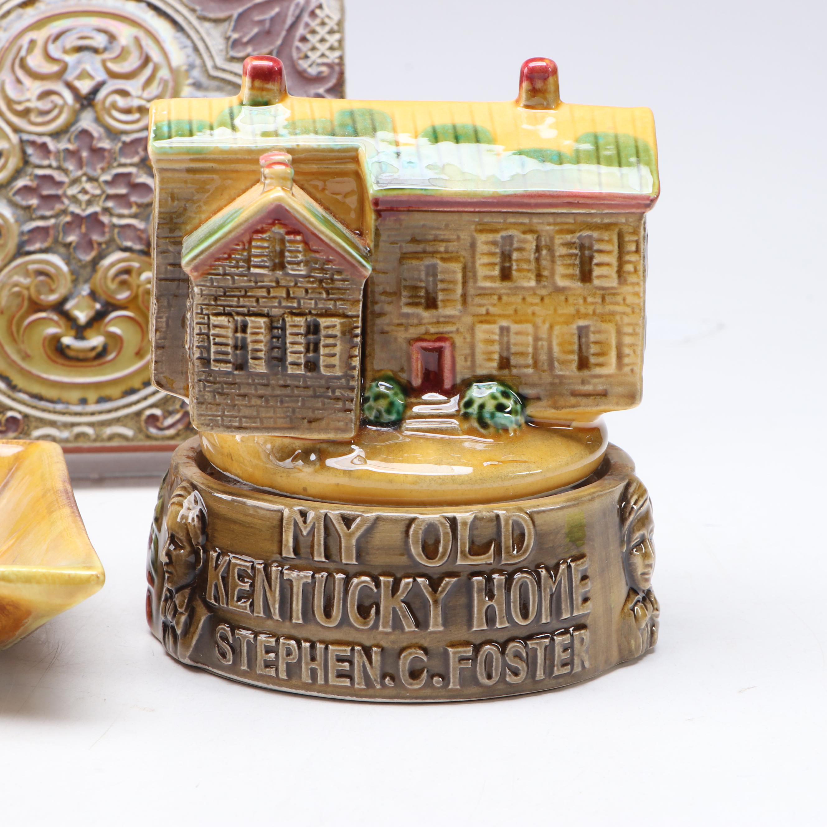 Figural Stephen C. Foster Music Box with Ceramic Trivet and Leaf Platter