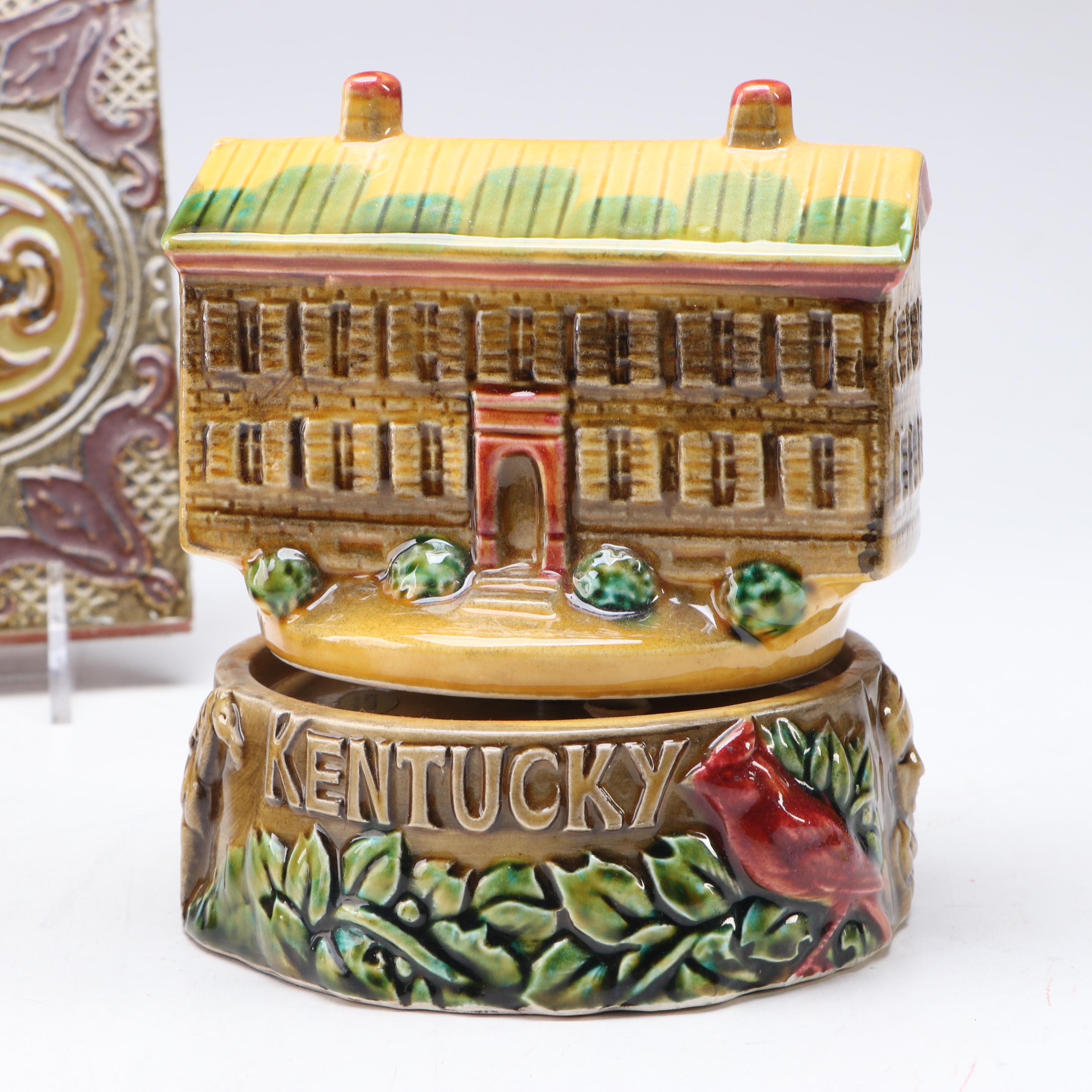 Figural Stephen C. Foster Music Box with Ceramic Trivet and Leaf Platter