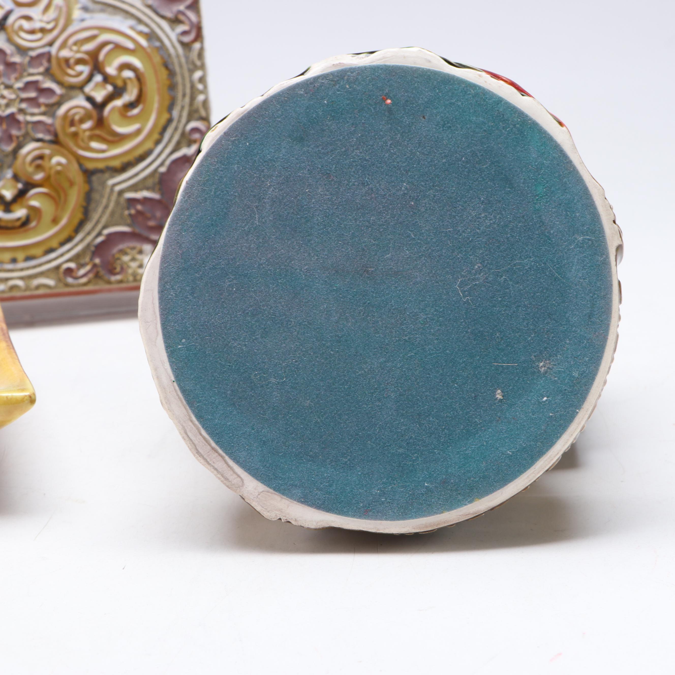 Figural Stephen C. Foster Music Box with Ceramic Trivet and Leaf Platter