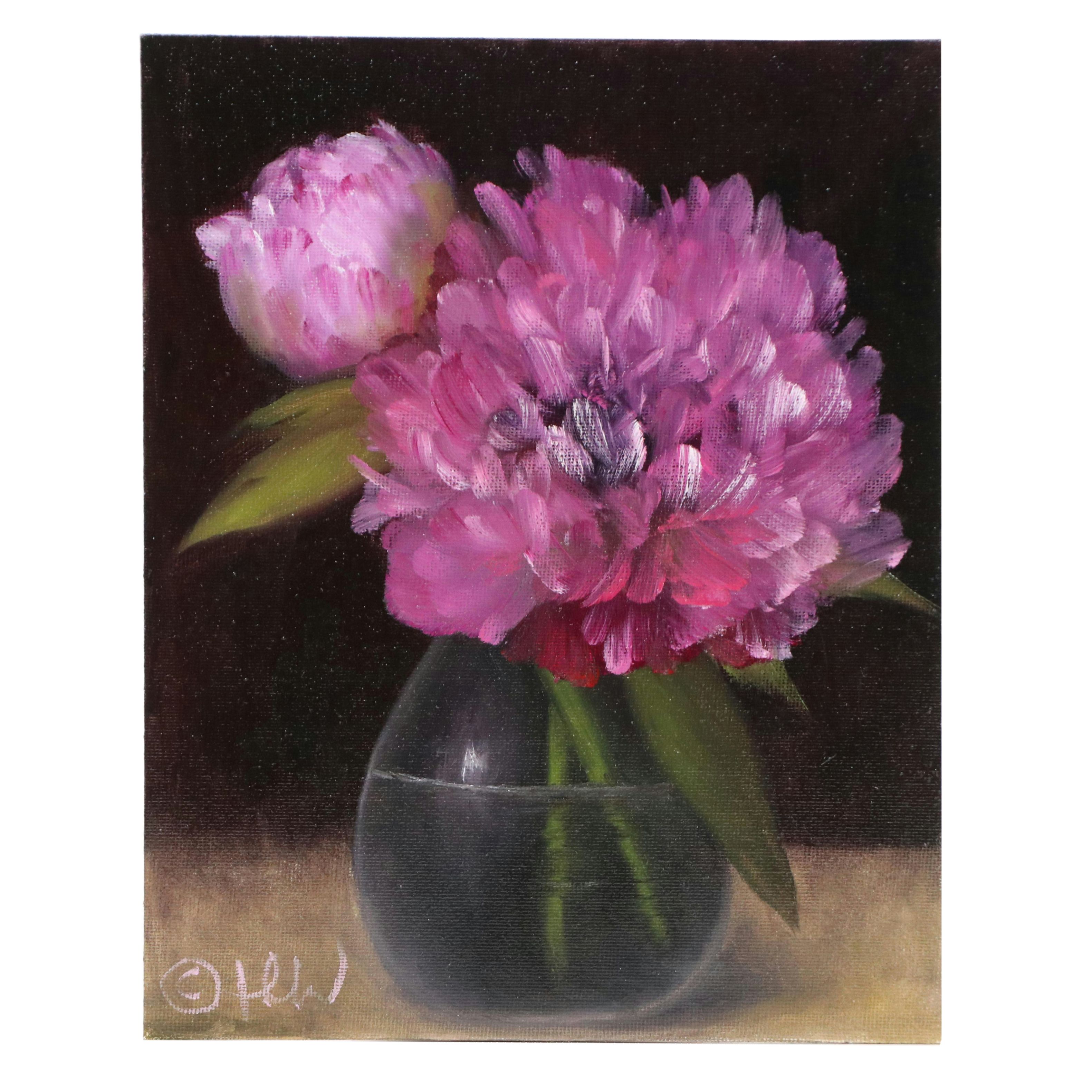 Thu-Thuy Tran Floral Oil Painting "Glass Vase and Peonies," 2025