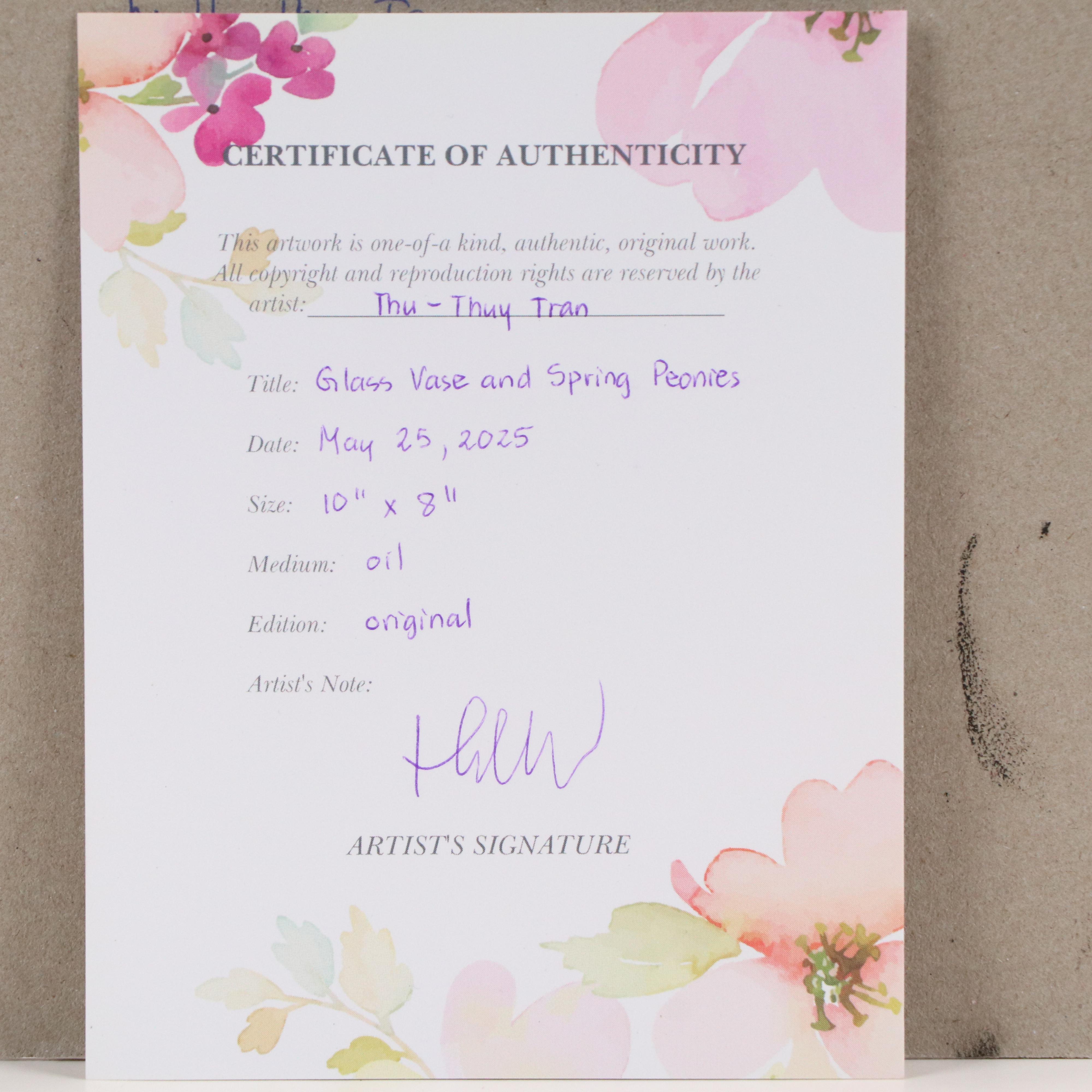 Thu-Thuy Tran Floral Oil Painting "Glass Vase and Spring Peonies," 2025