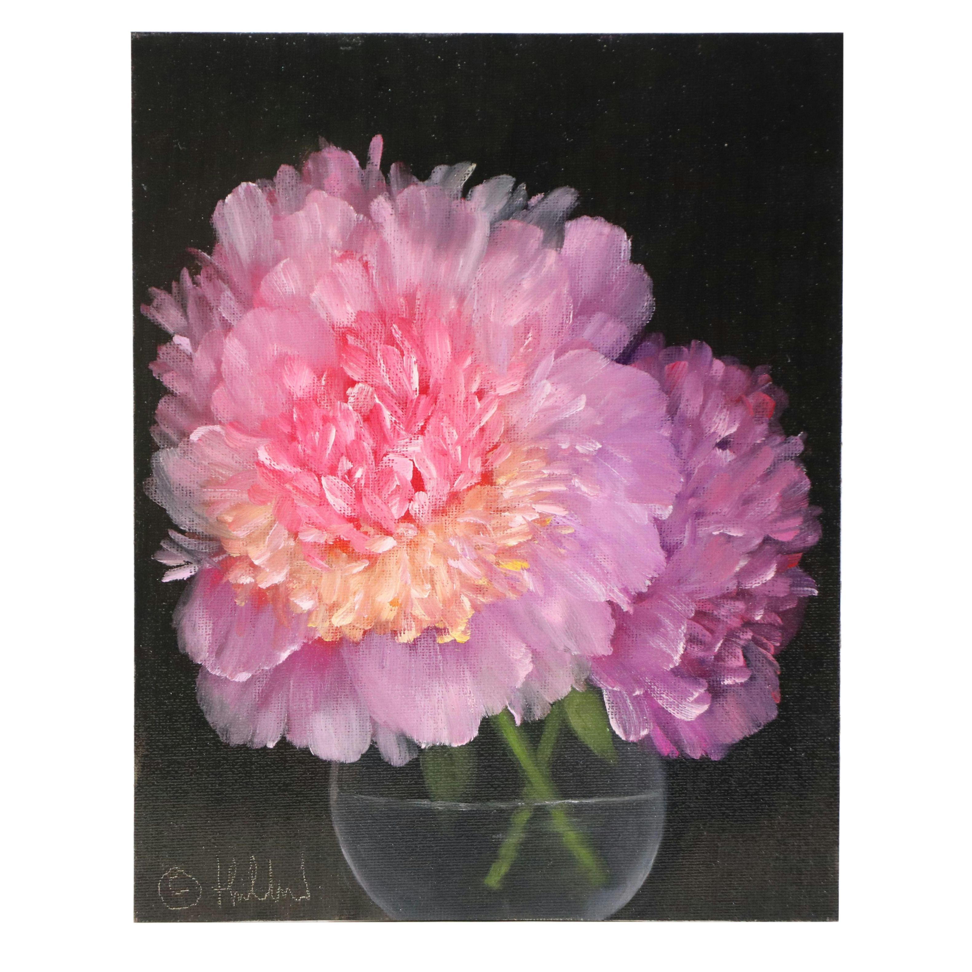 Thu-Thuy Tran Floral Oil Painting "Glass Vase and Spring Peonies," 2025
