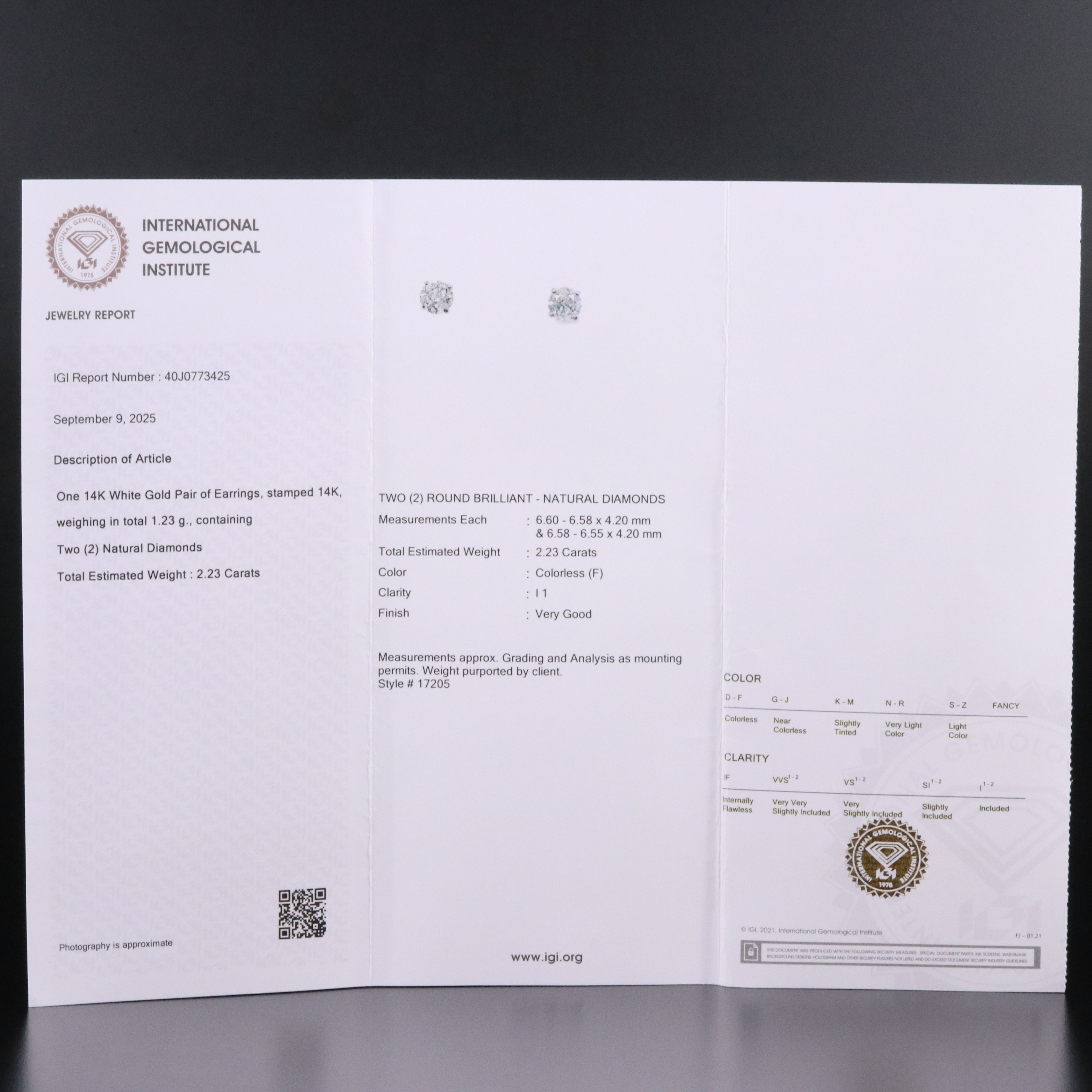14K 2.23 CTW Diamond Stud Earrings with IGI Report