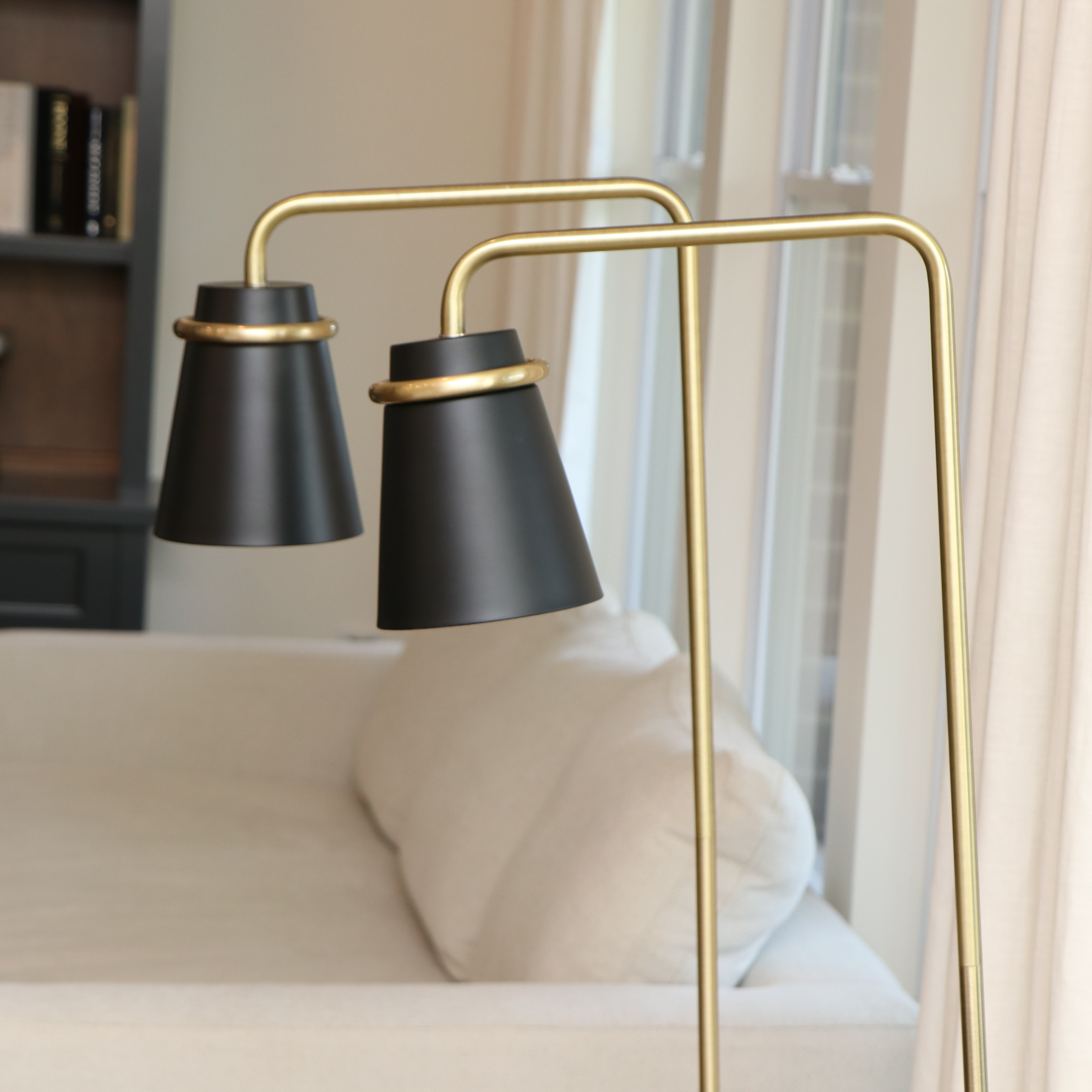 Pair of Brushed Gold and Satin Black Floor Reading Lamps