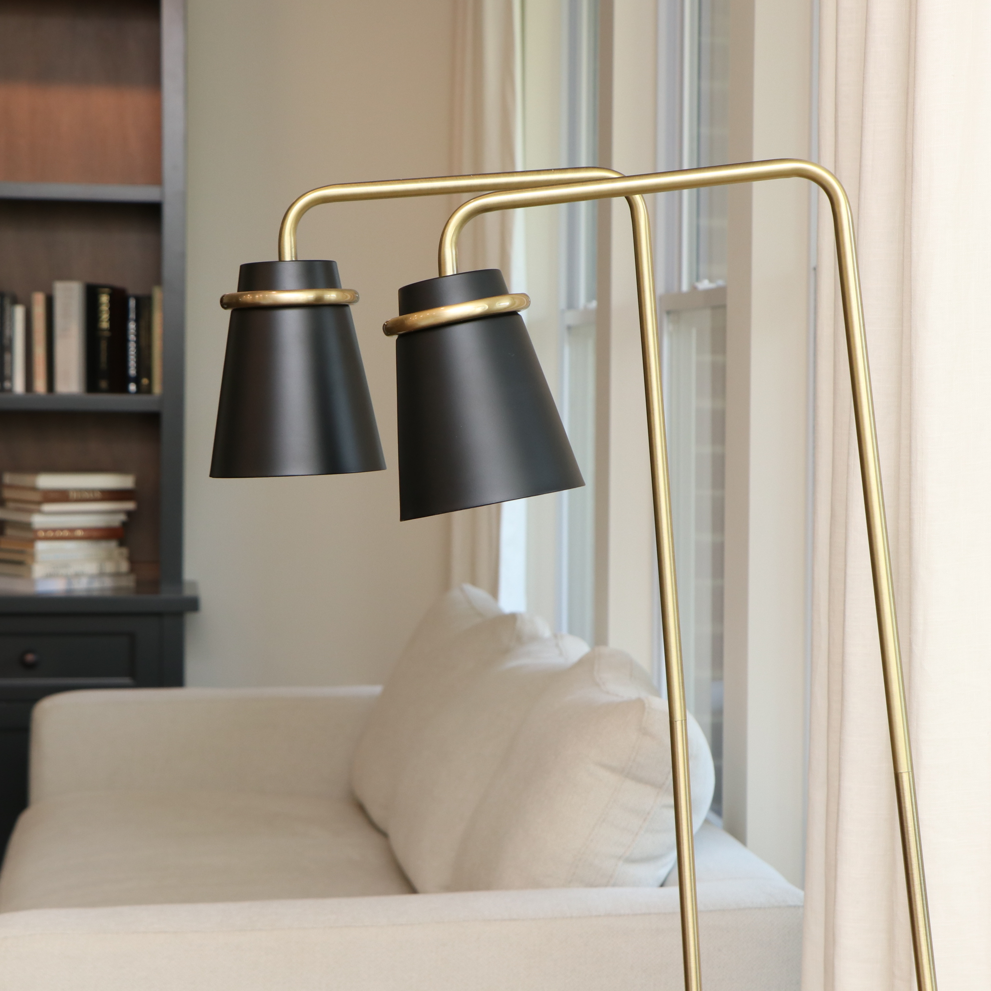 Pair of Brushed Gold and Satin Black Floor Reading Lamps