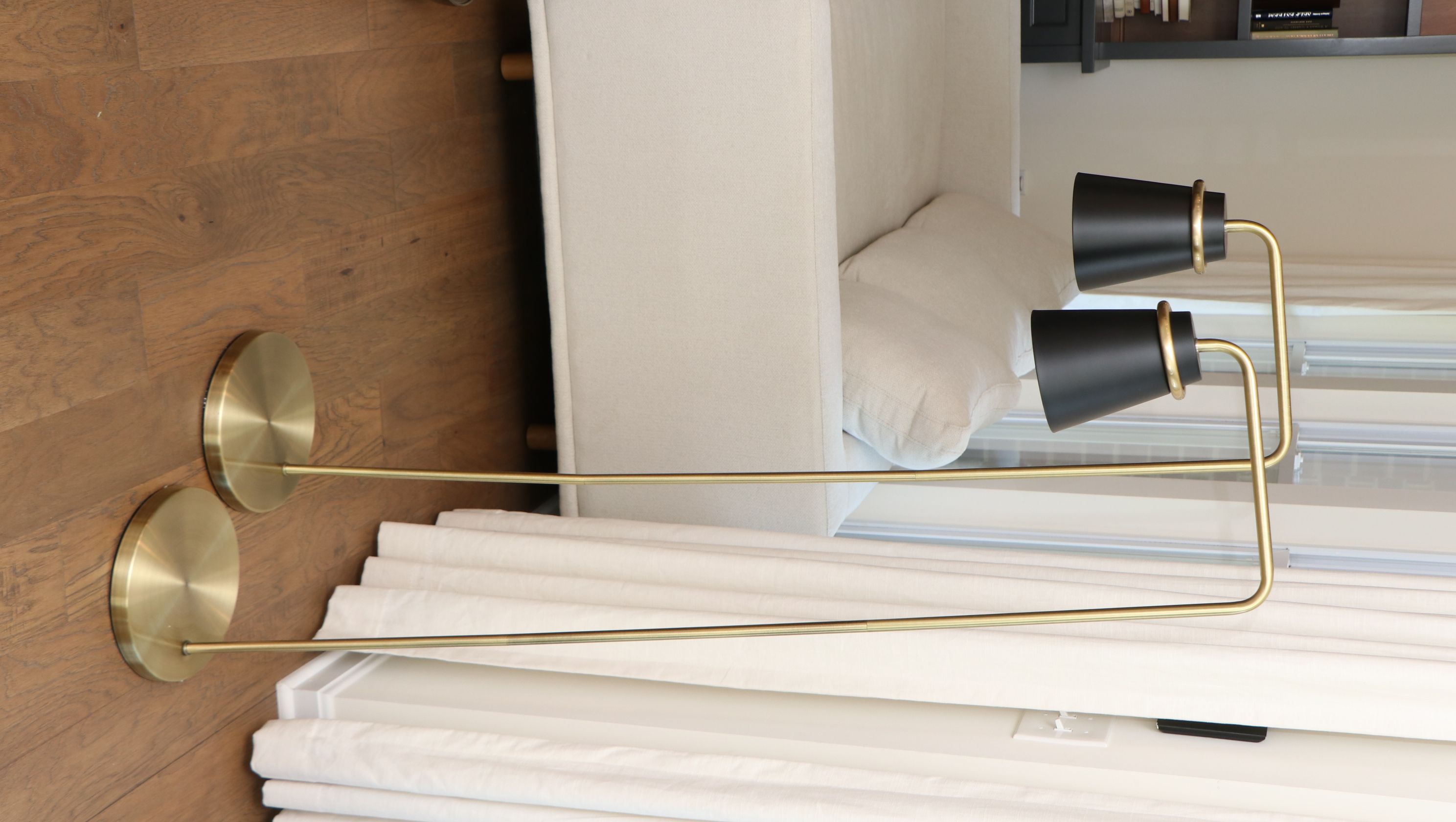 Pair of Brushed Gold and Satin Black Floor Reading Lamps