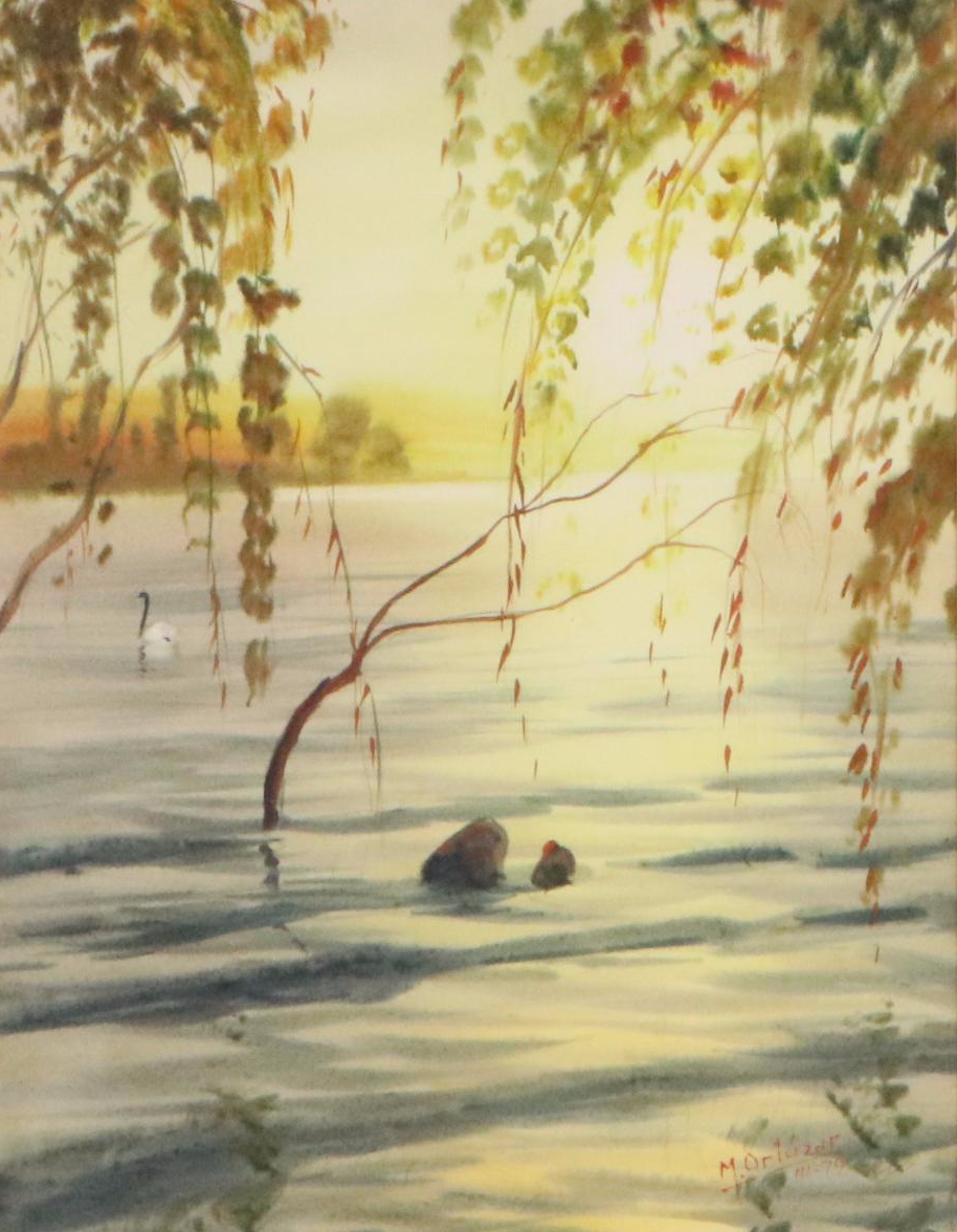 Mariano Ortuzar Sunset Landscape Watercolor of Wetland, 1979