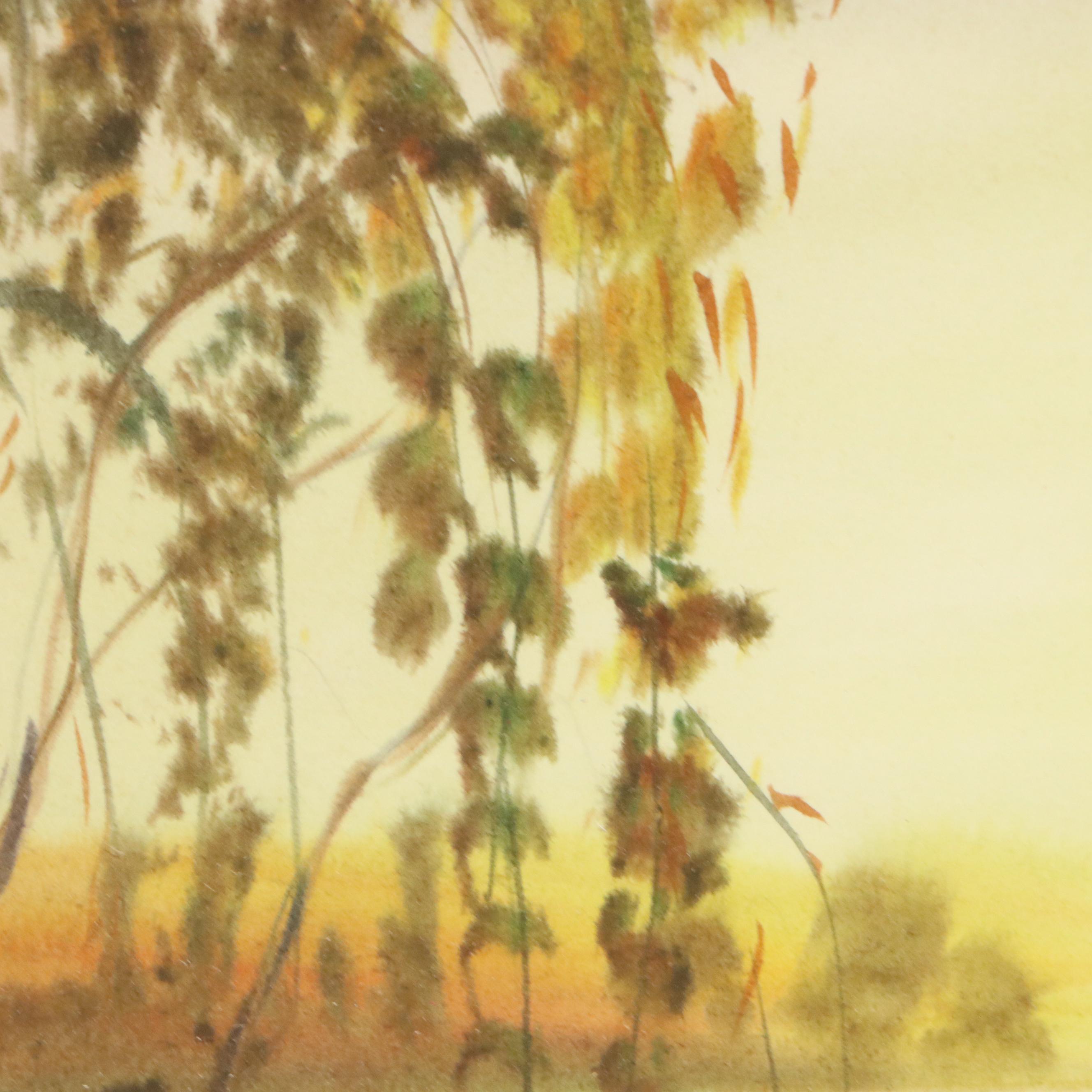 Mariano Ortuzar Sunset Landscape Watercolor of Wetland, 1979