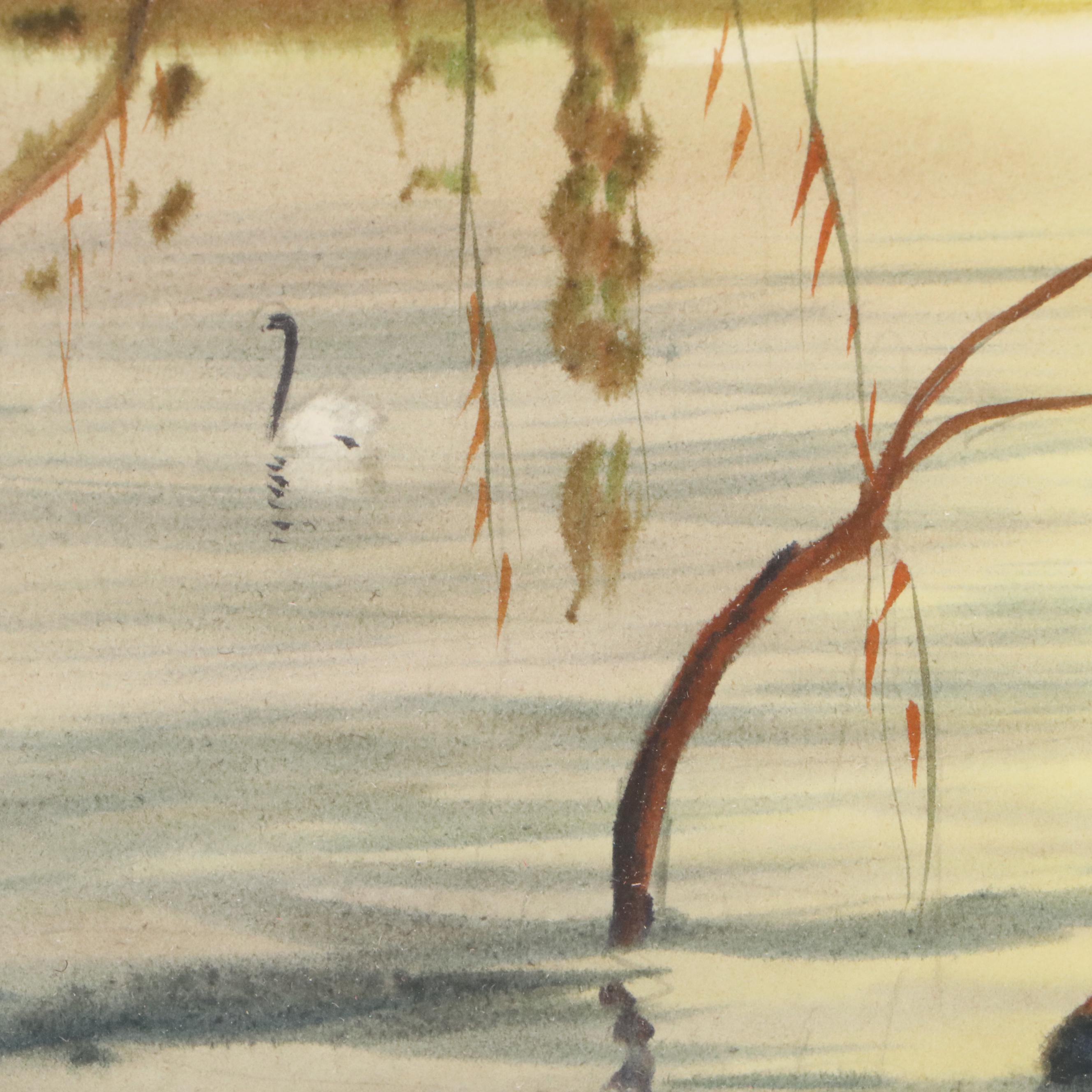 Mariano Ortuzar Sunset Landscape Watercolor of Wetland, 1979