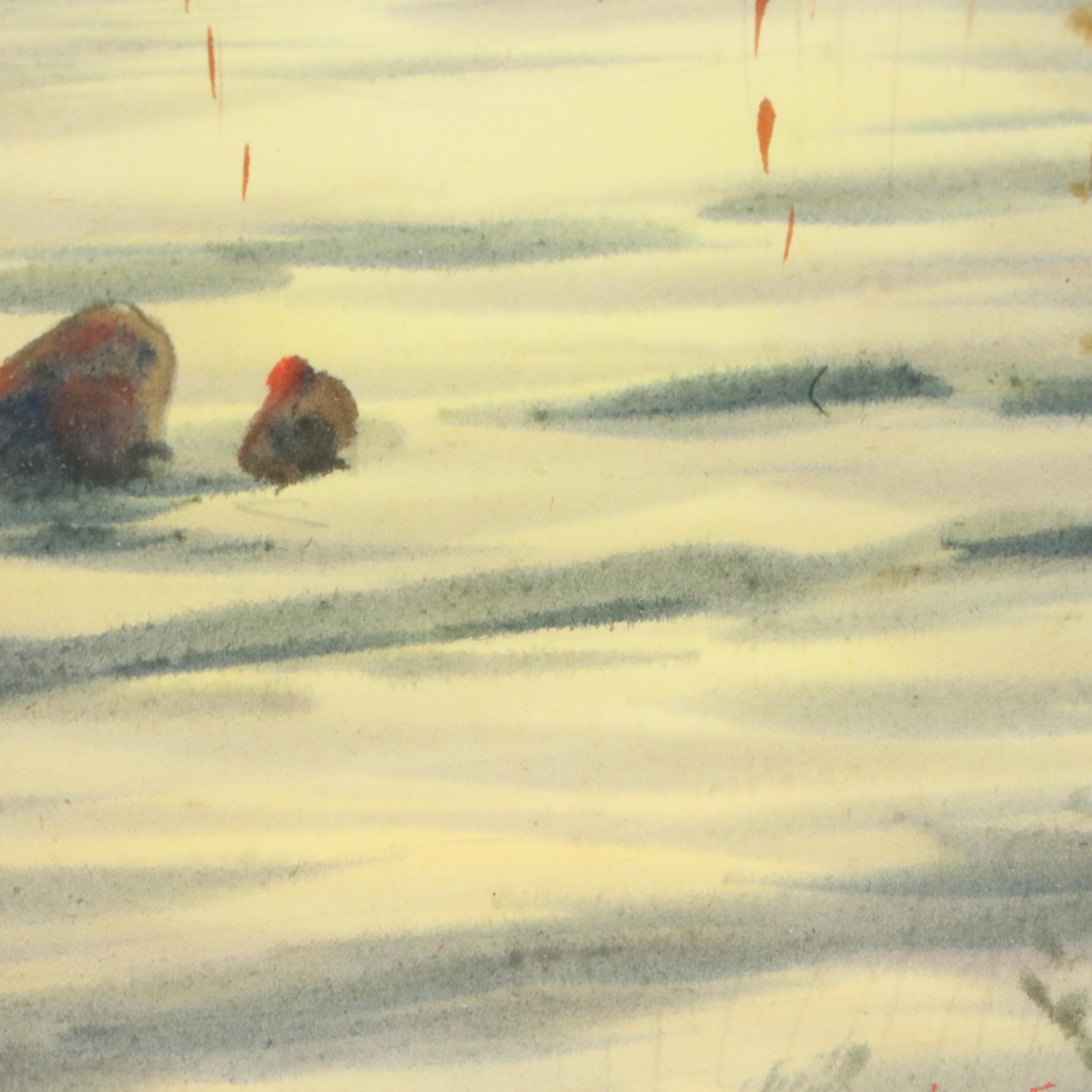 Mariano Ortuzar Sunset Landscape Watercolor of Wetland, 1979