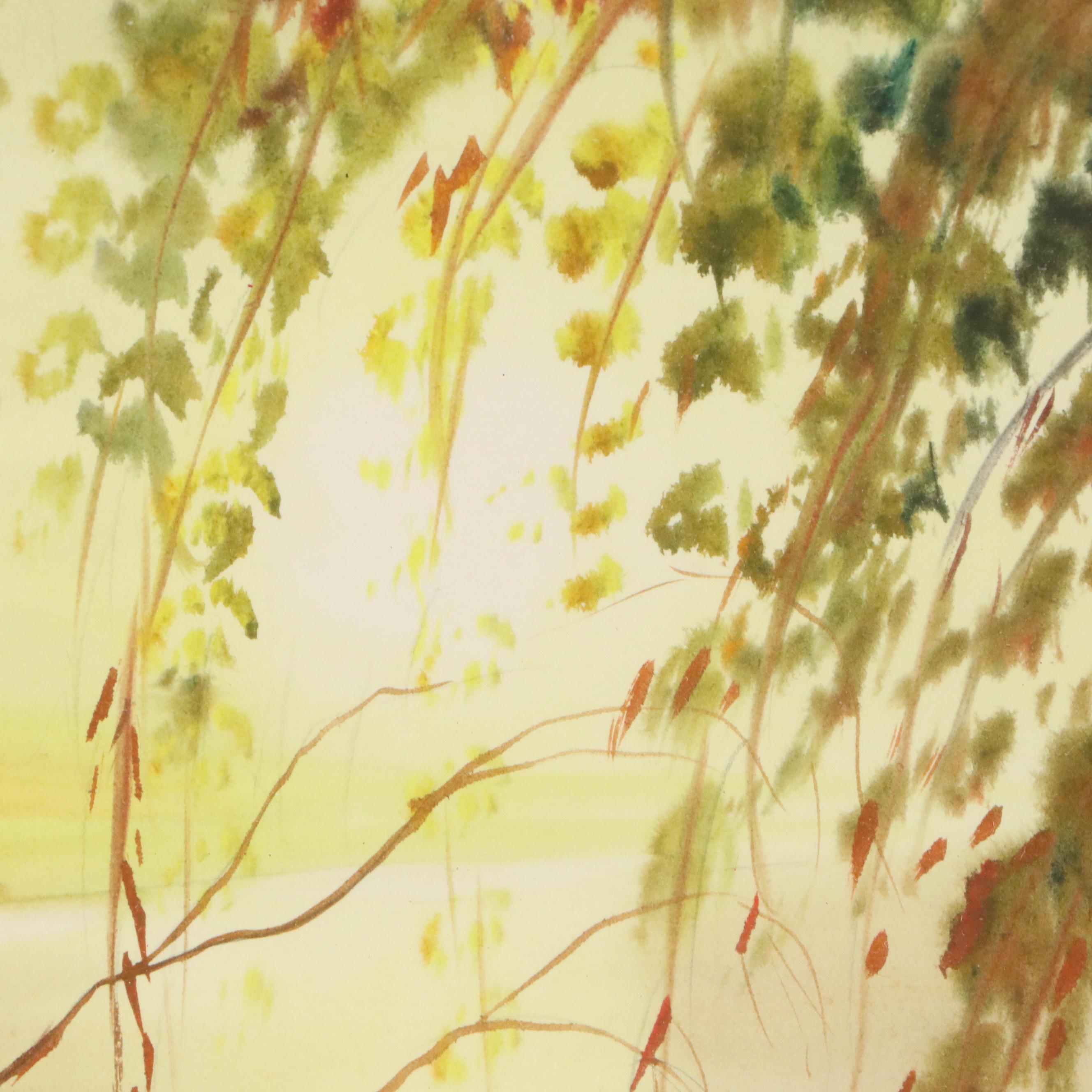 Mariano Ortuzar Sunset Landscape Watercolor of Wetland, 1979