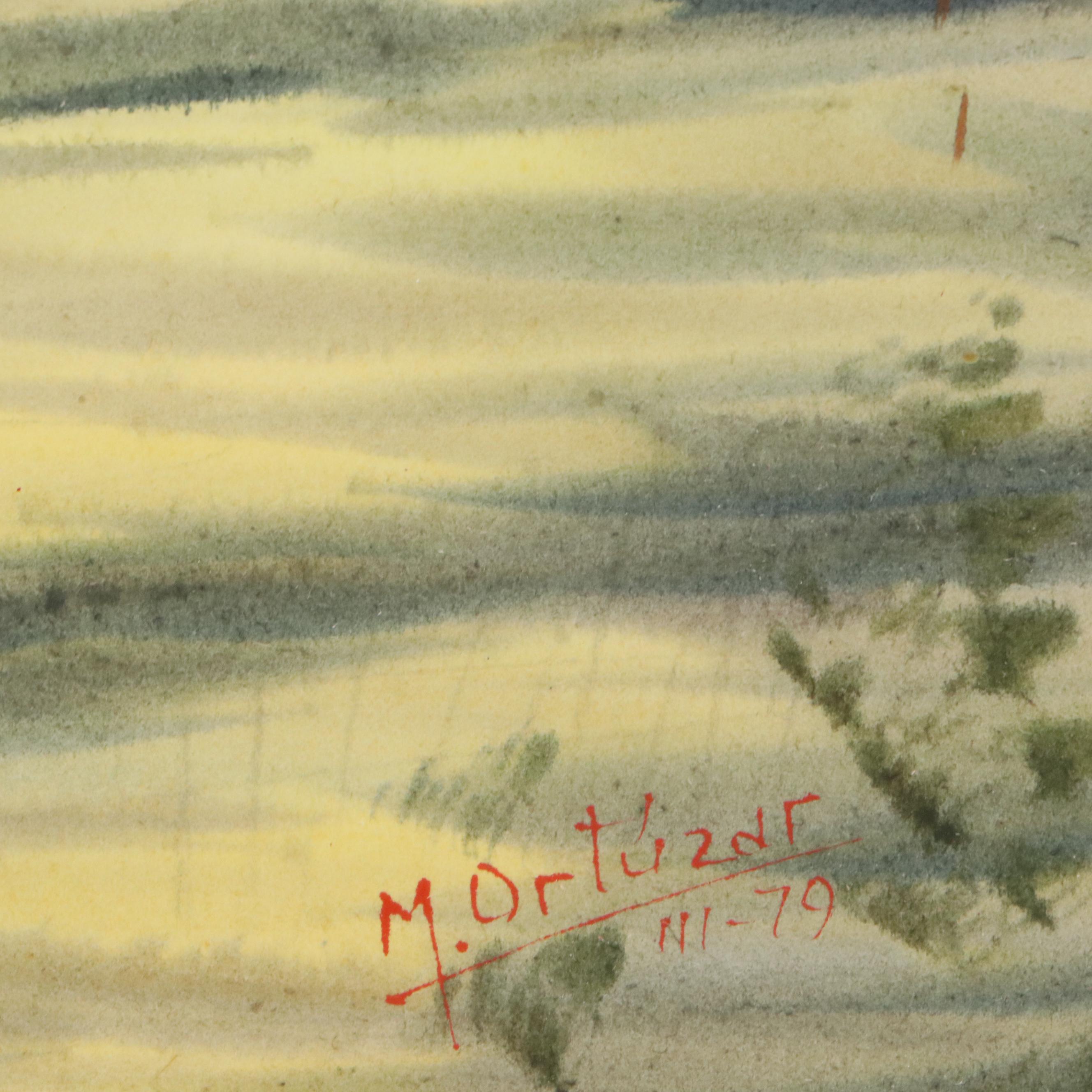 Mariano Ortuzar Sunset Landscape Watercolor of Wetland, 1979