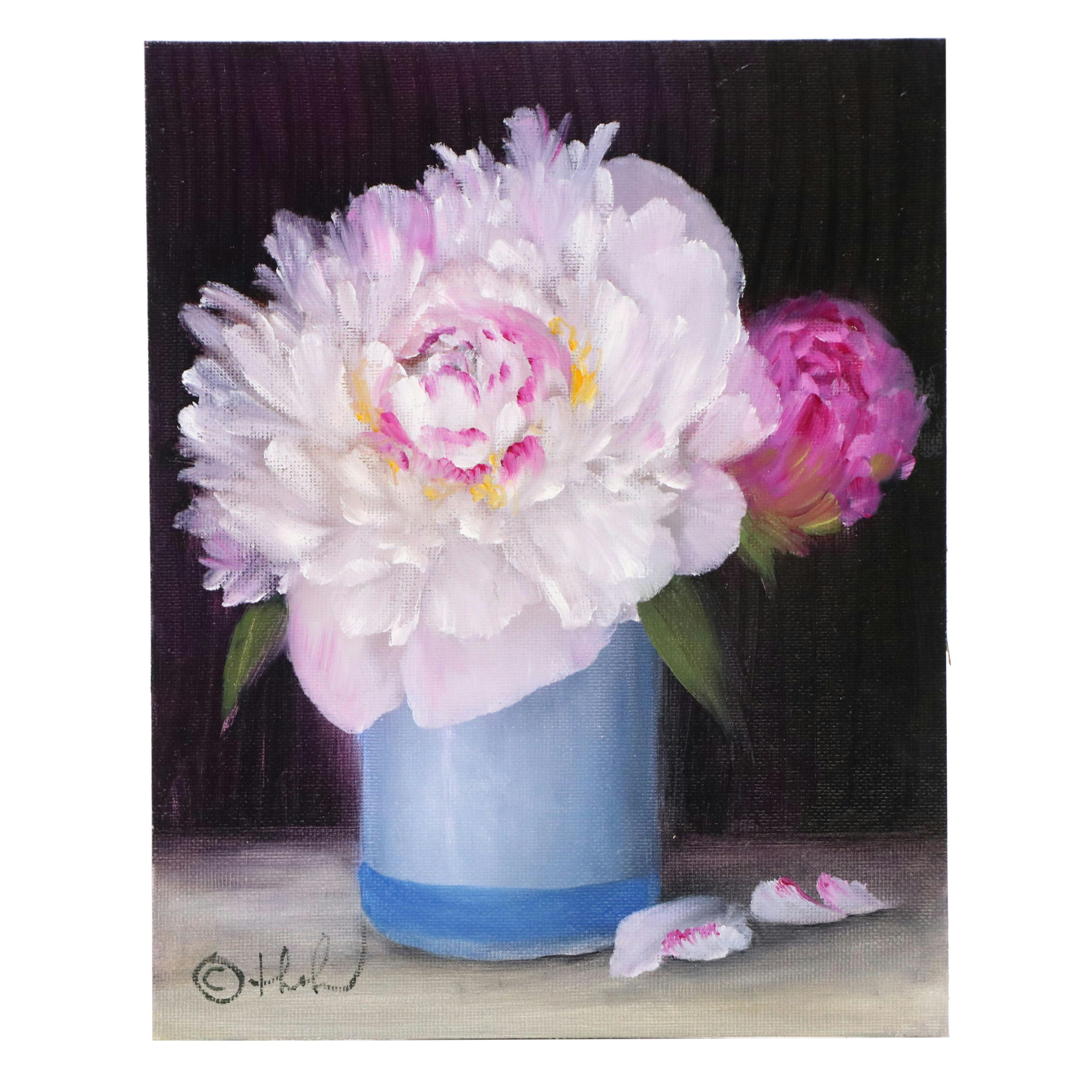 Thu-Thuy Tran Floral Oil Painting "Blue Mug and Peonies," 2025