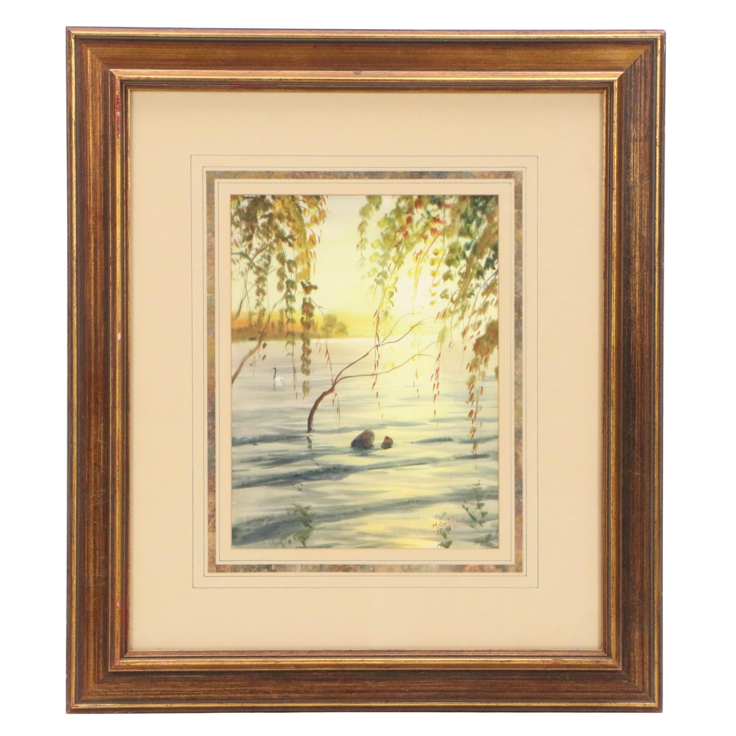 Mariano Ortuzar Sunset Landscape Watercolor of Wetland, 1979