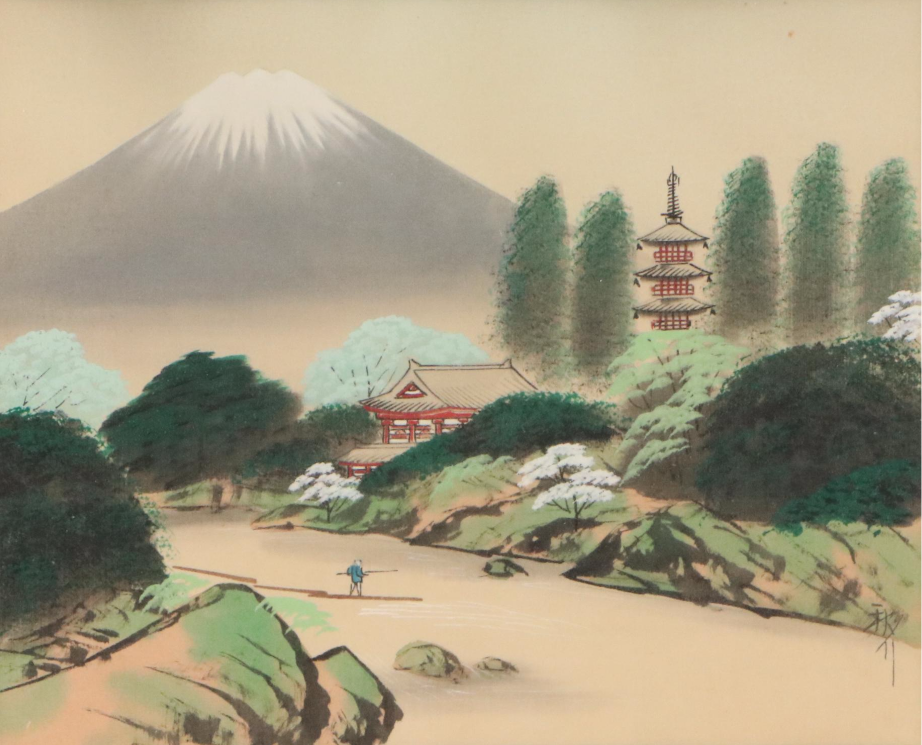 Japanese School Landscape Watercolor Painting Depicting Mount Fuji, 20th C.