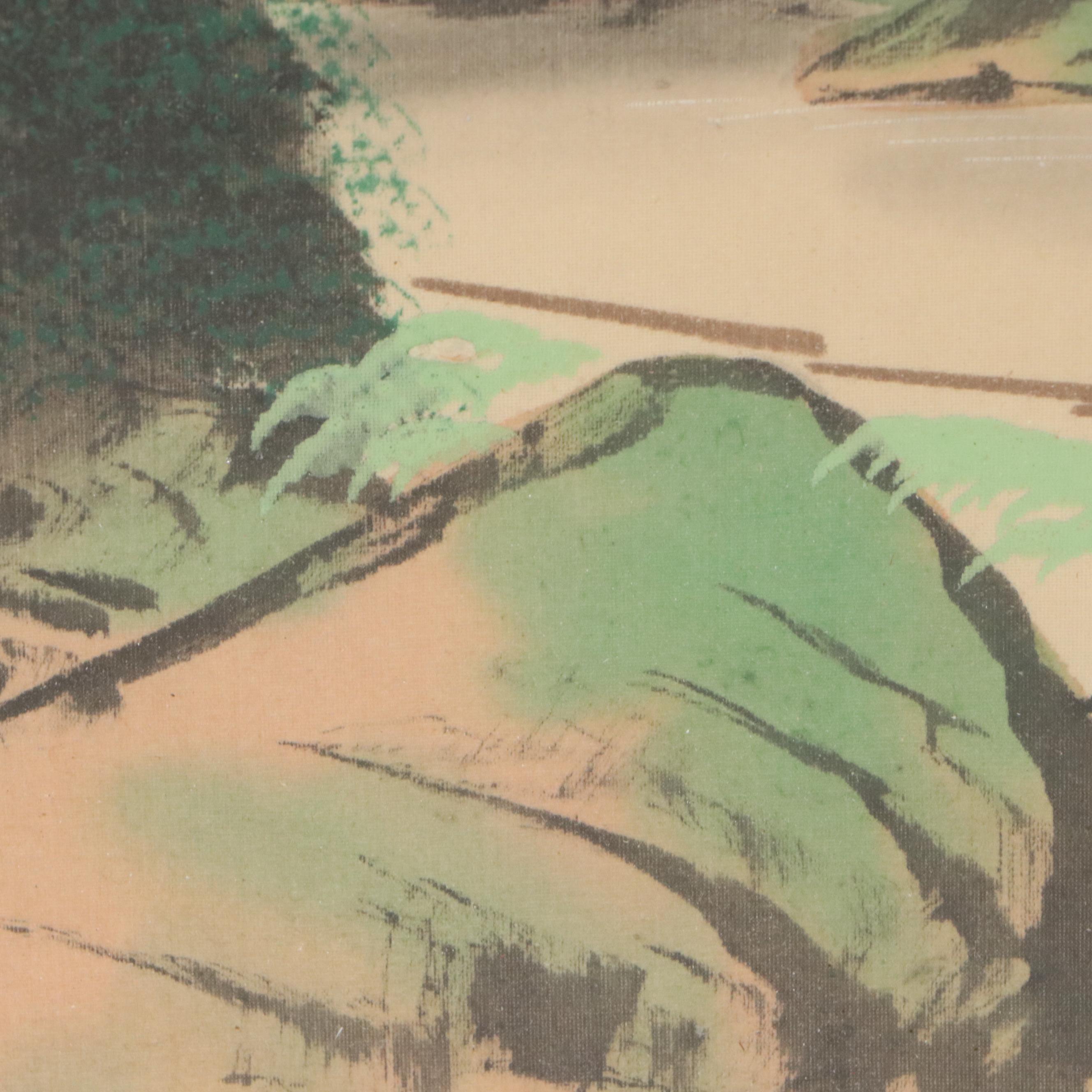 Japanese School Landscape Watercolor Painting Depicting Mount Fuji, 20th C.