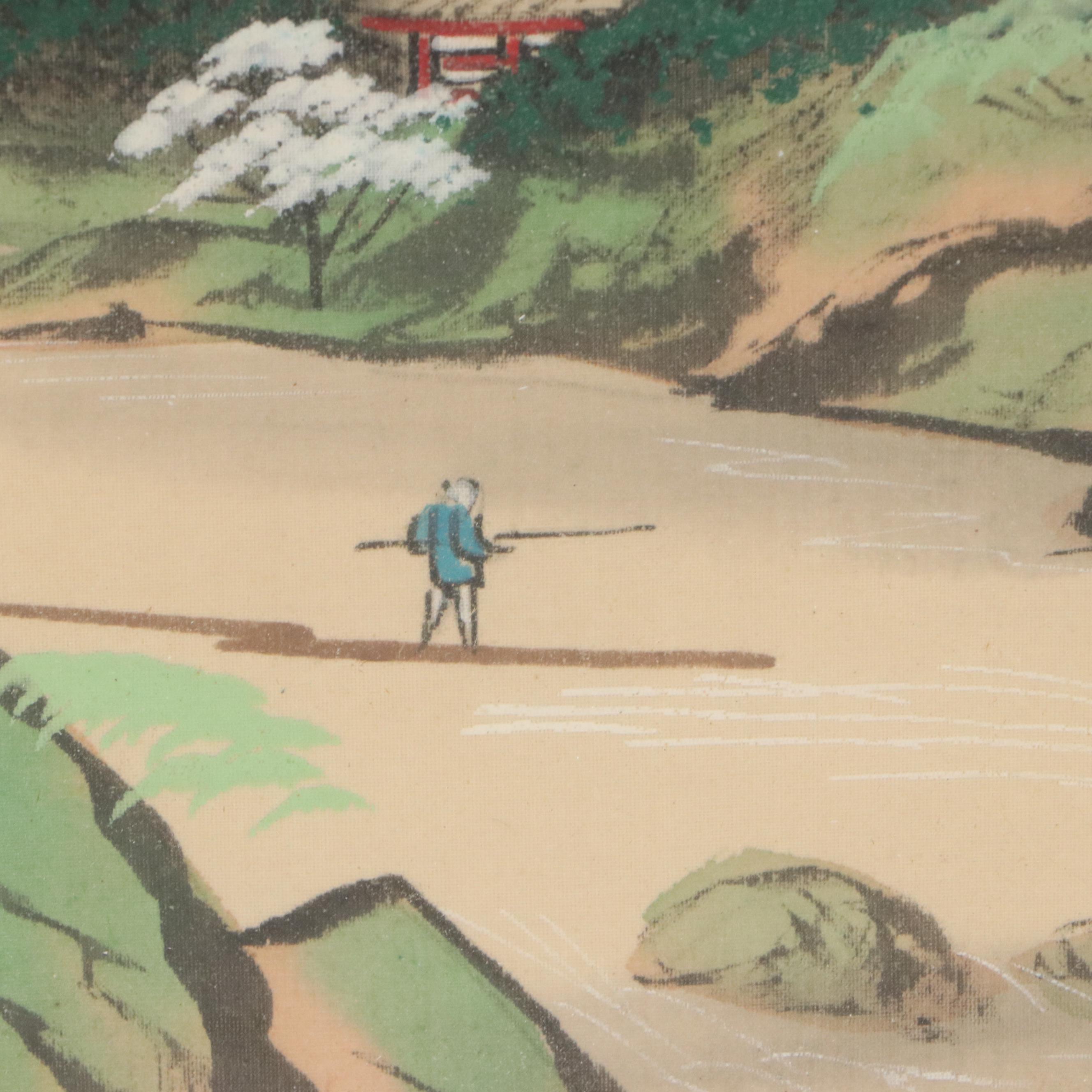 Japanese School Landscape Watercolor Painting Depicting Mount Fuji, 20th C.