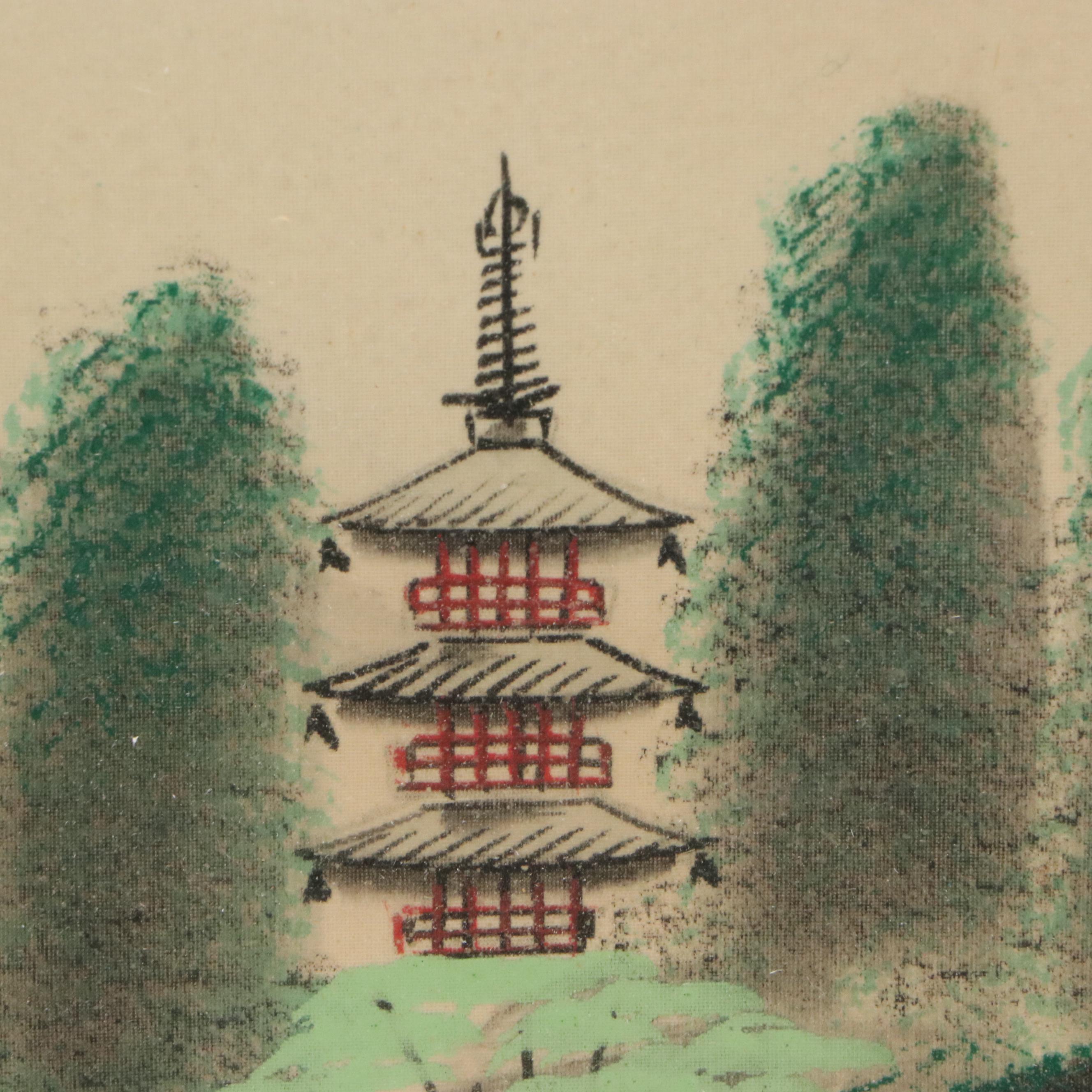 Japanese School Landscape Watercolor Painting Depicting Mount Fuji, 20th C.