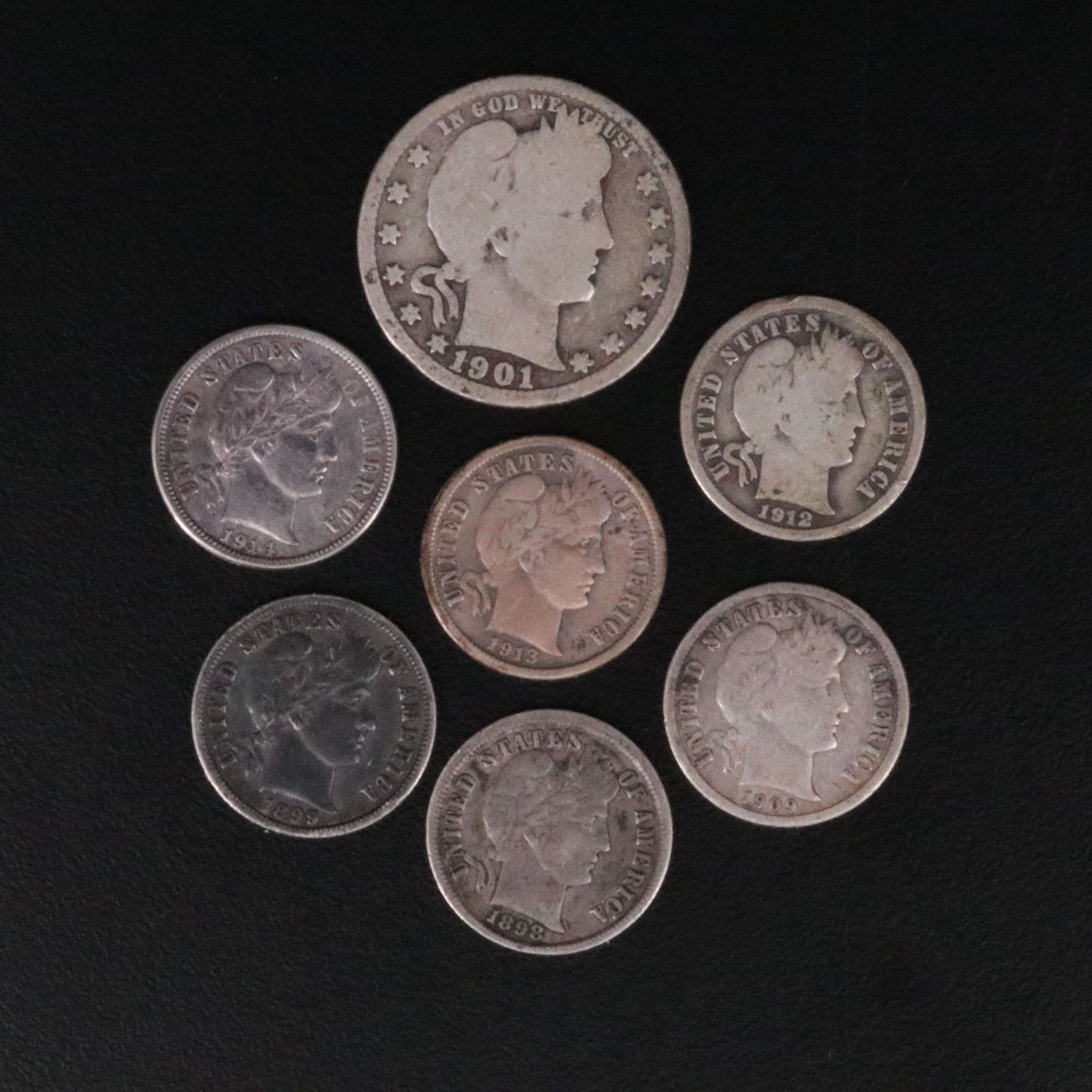 Six Different Barber Dimes and a Quarter Some with Partial to Full Liberty