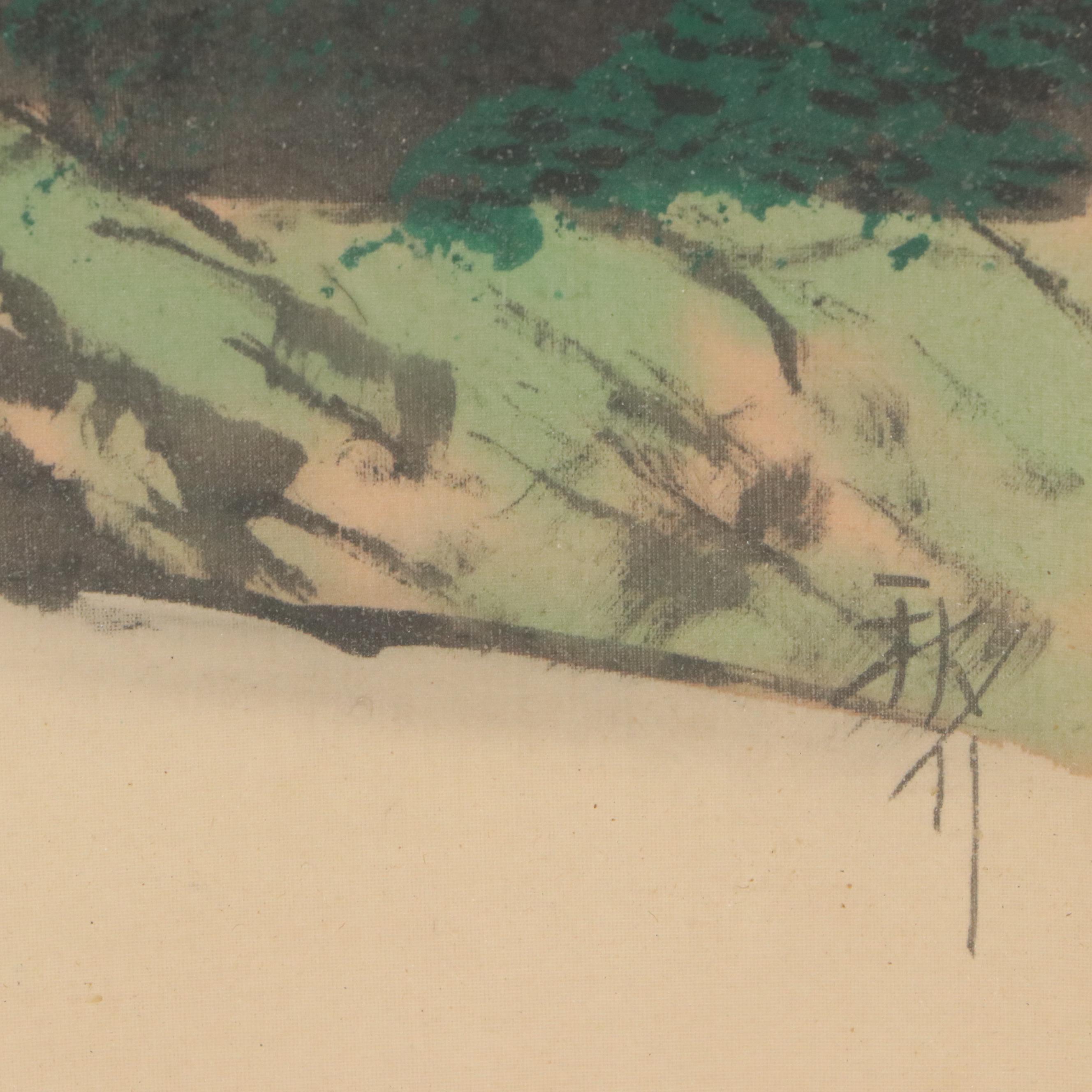 Japanese School Landscape Watercolor Painting Depicting Mount Fuji, 20th C.