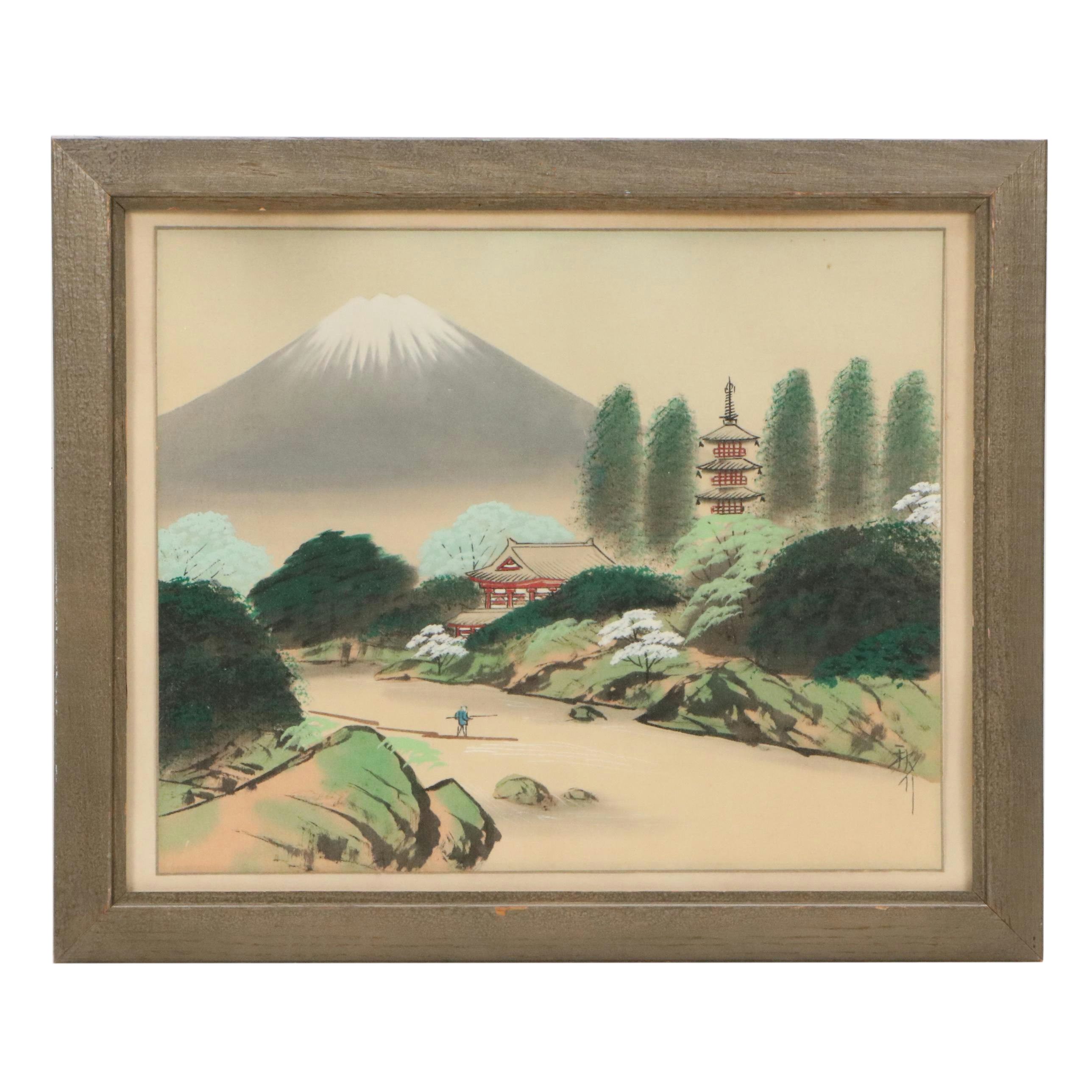 Japanese School Landscape Watercolor Painting Depicting Mount Fuji, 20th C.