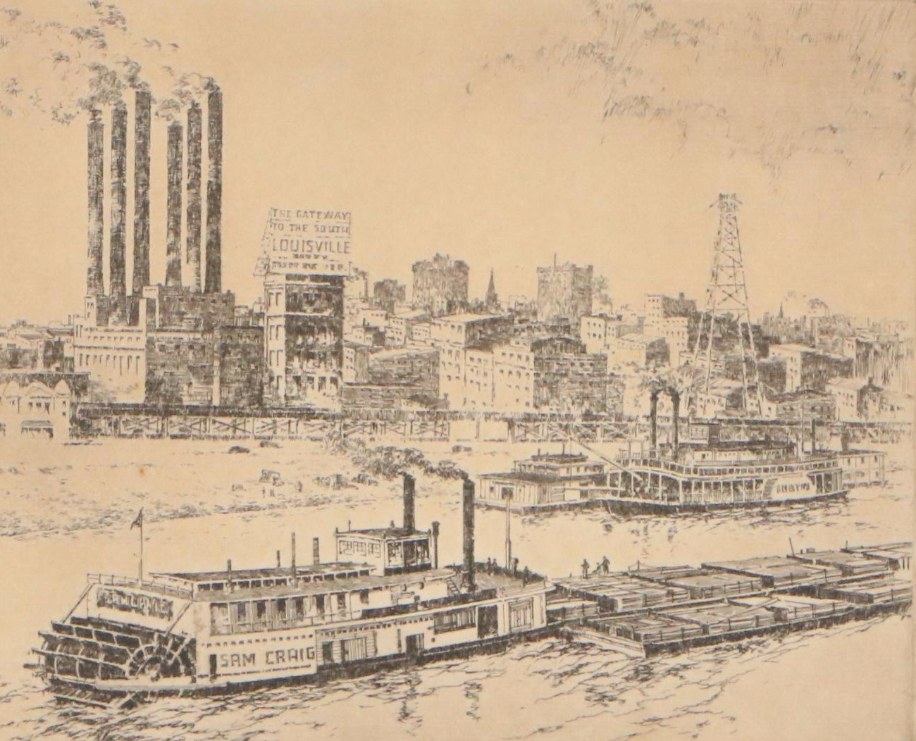 Charles Winston Haberer Etching "The Riverfront, Louisville, KY"