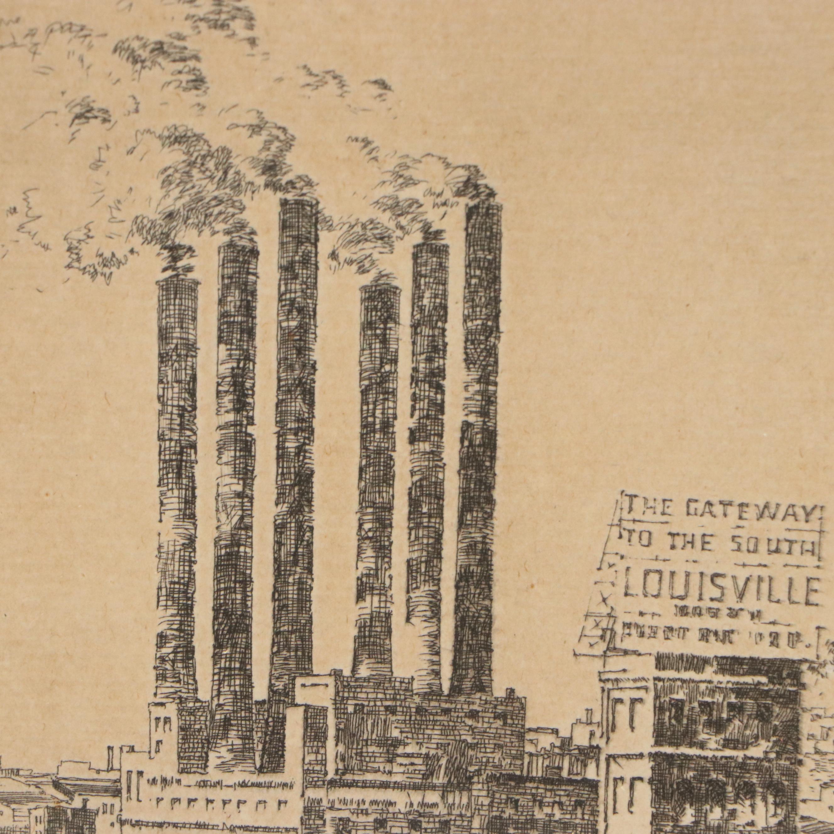 Charles Winston Haberer Etching "The Riverfront, Louisville, KY"