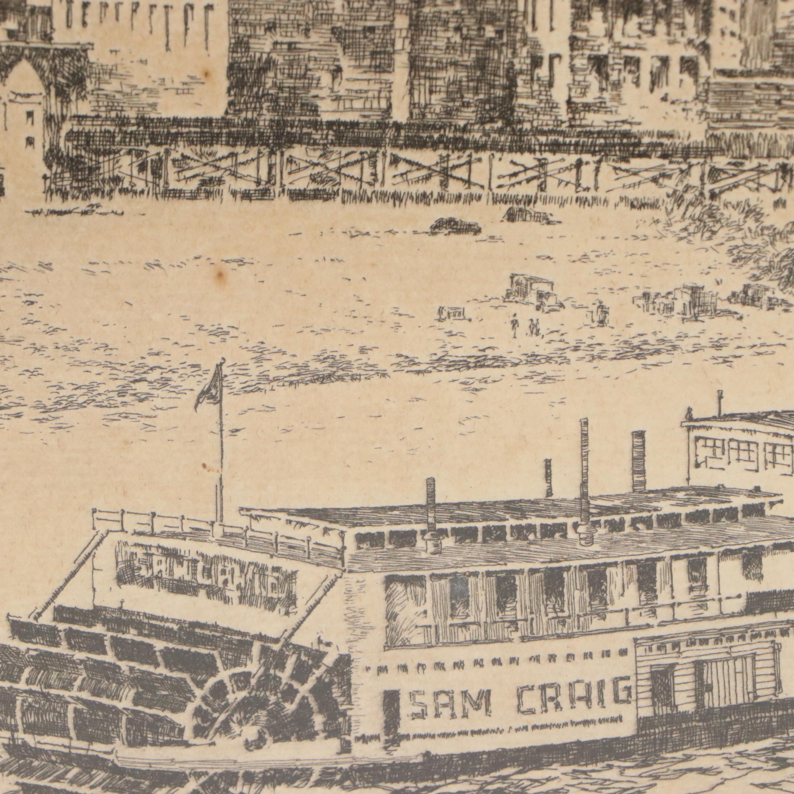 Charles Winston Haberer Etching "The Riverfront, Louisville, KY"