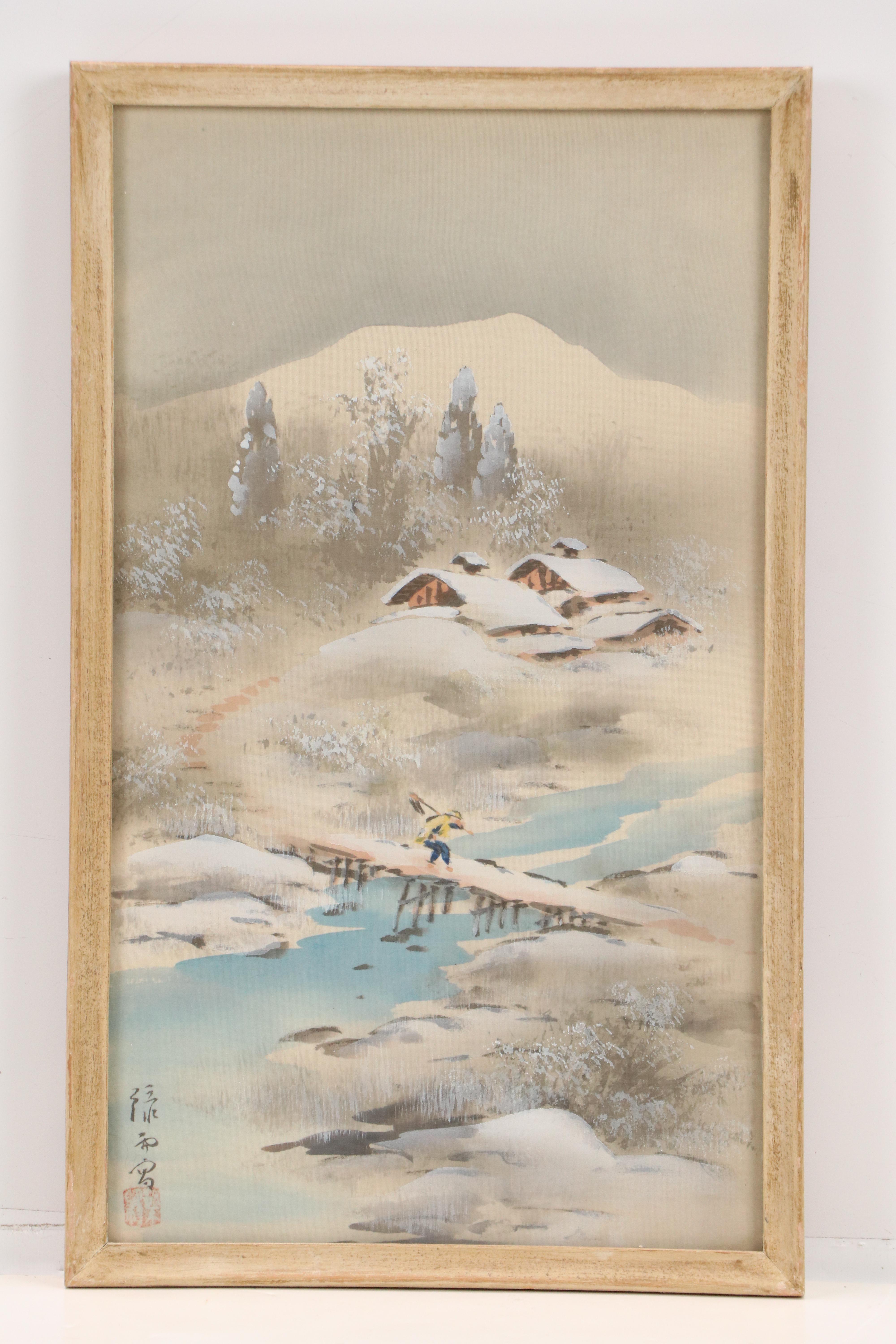 Chinese School Landscape Gouache Paintings of Riverside Home, 20th Century
