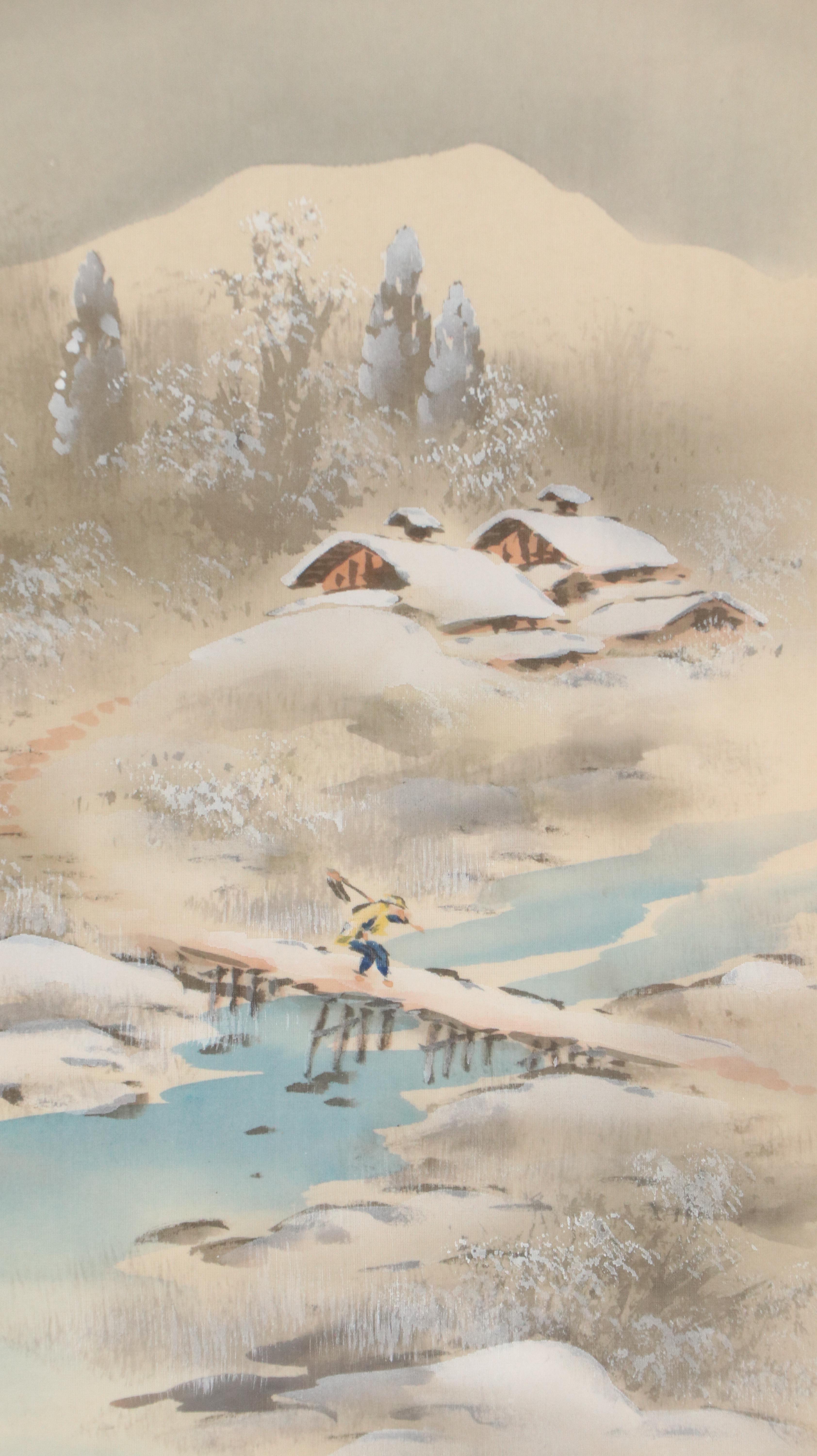 Chinese School Landscape Gouache Paintings of Riverside Home, 20th Century