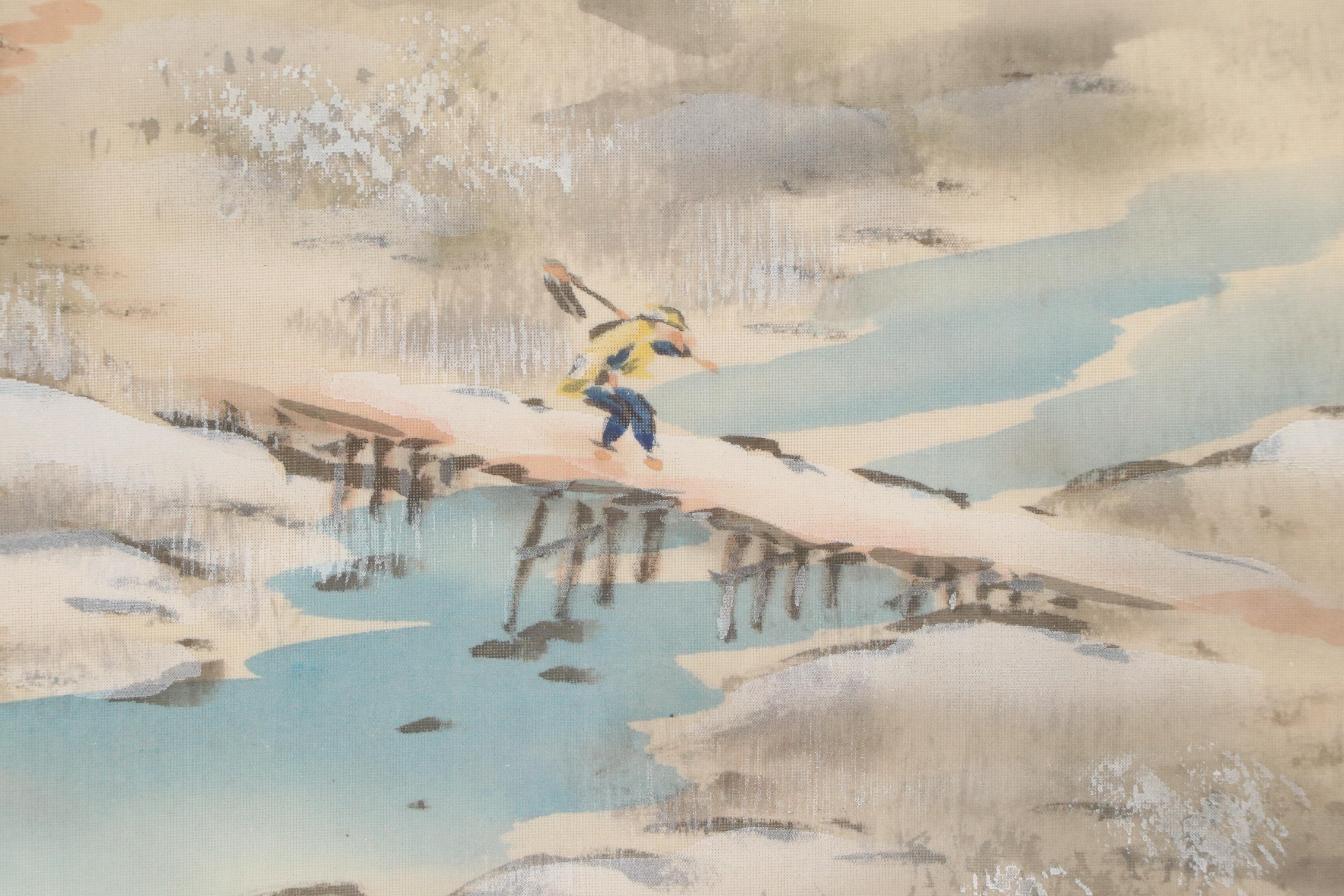 Chinese School Landscape Gouache Paintings of Riverside Home, 20th Century