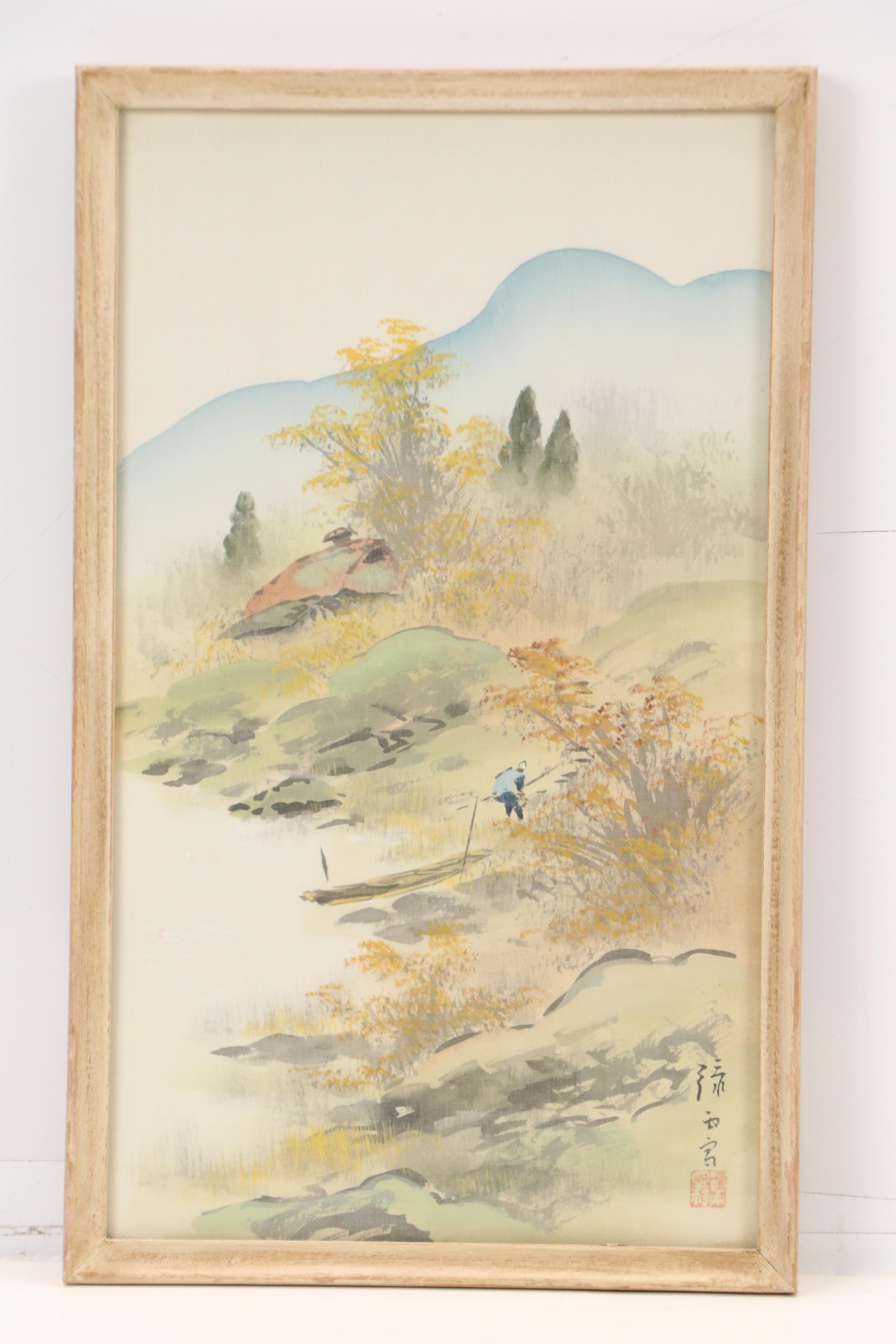 Chinese School Landscape Gouache Paintings of Riverside Home, 20th Century
