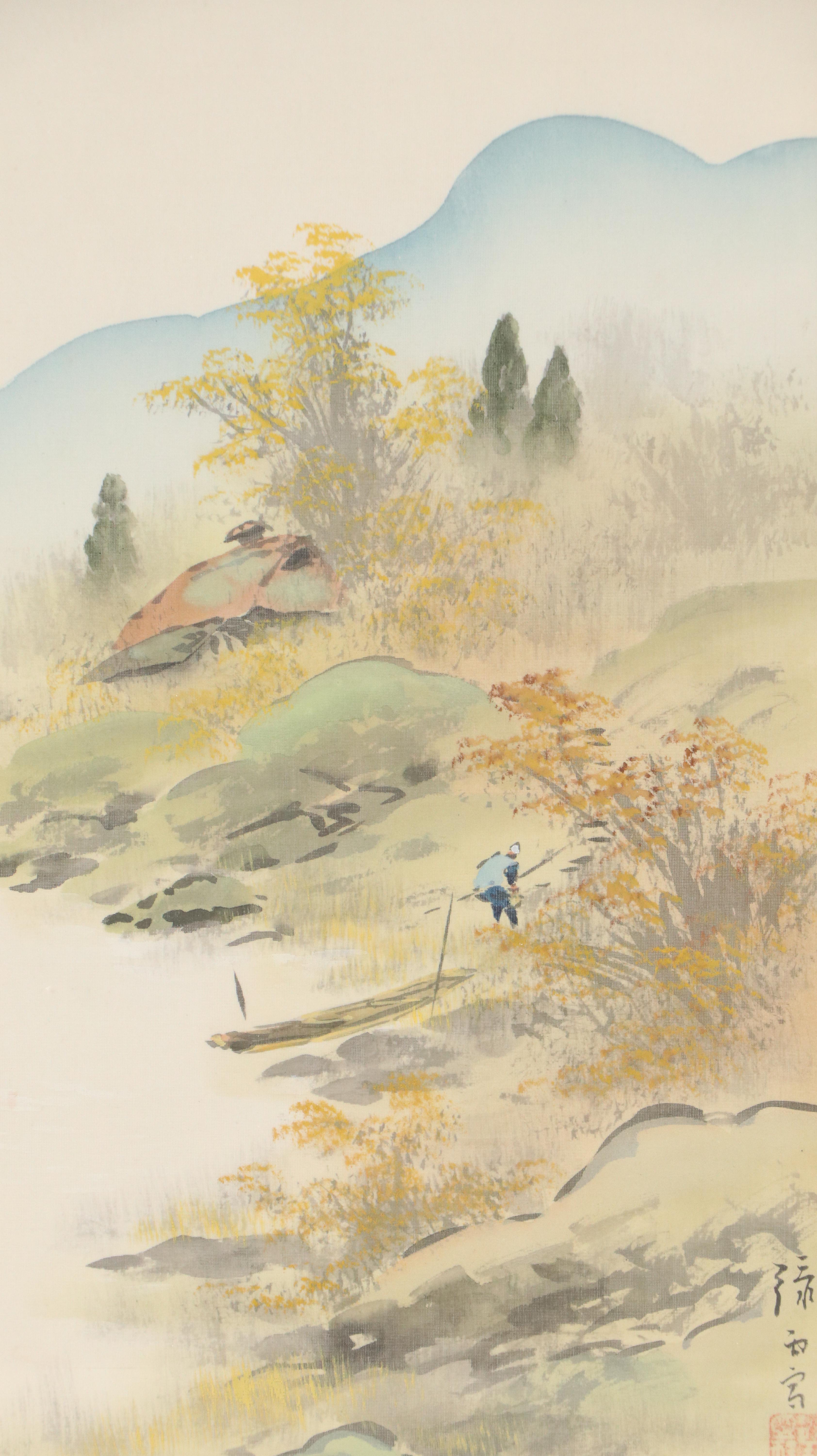Chinese School Landscape Gouache Paintings of Riverside Home, 20th Century