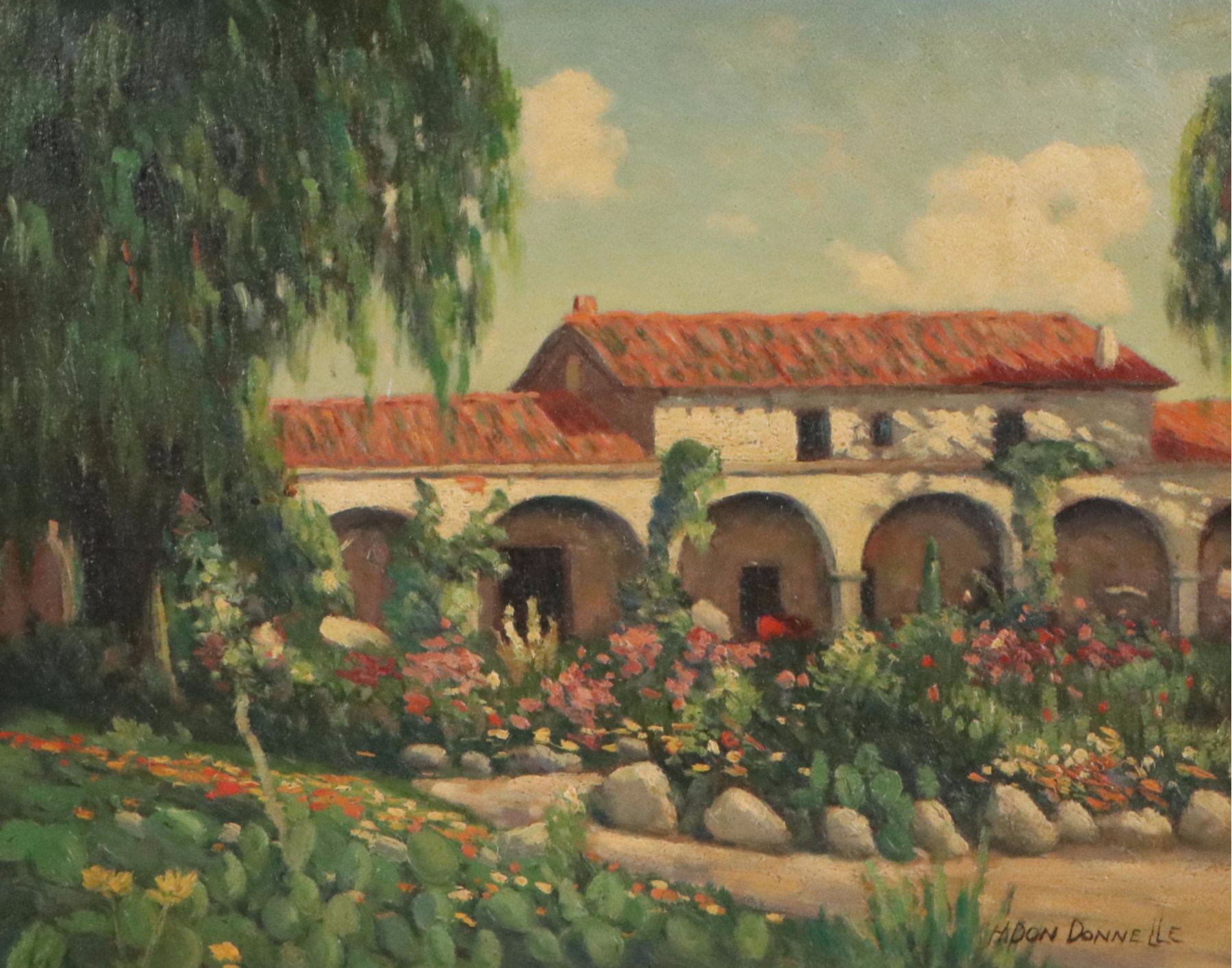 H. Don Donnelle Landscape Oil Painting of Clay Roof House and Garden