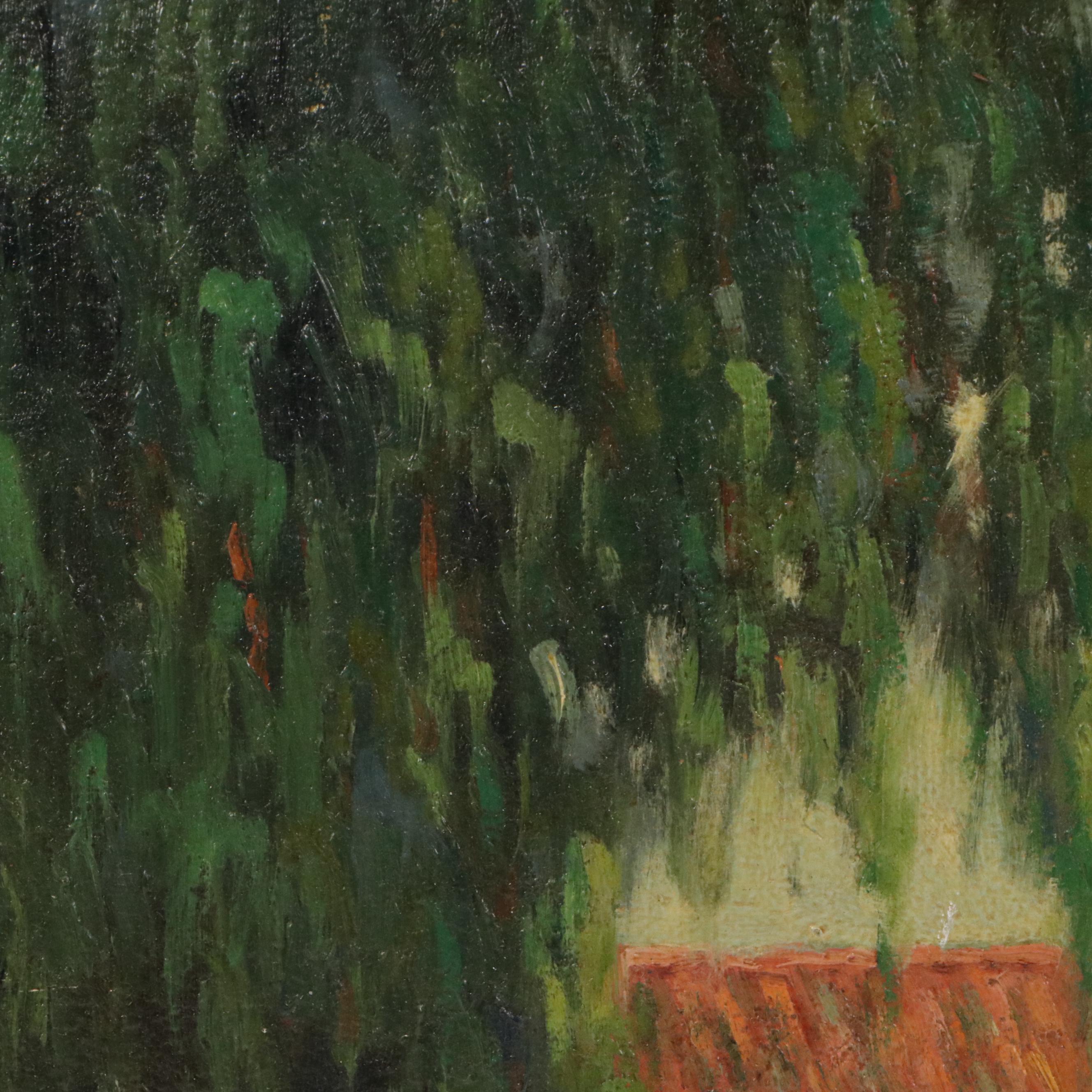 H. Don Donnelle Landscape Oil Painting of Clay Roof House and Garden