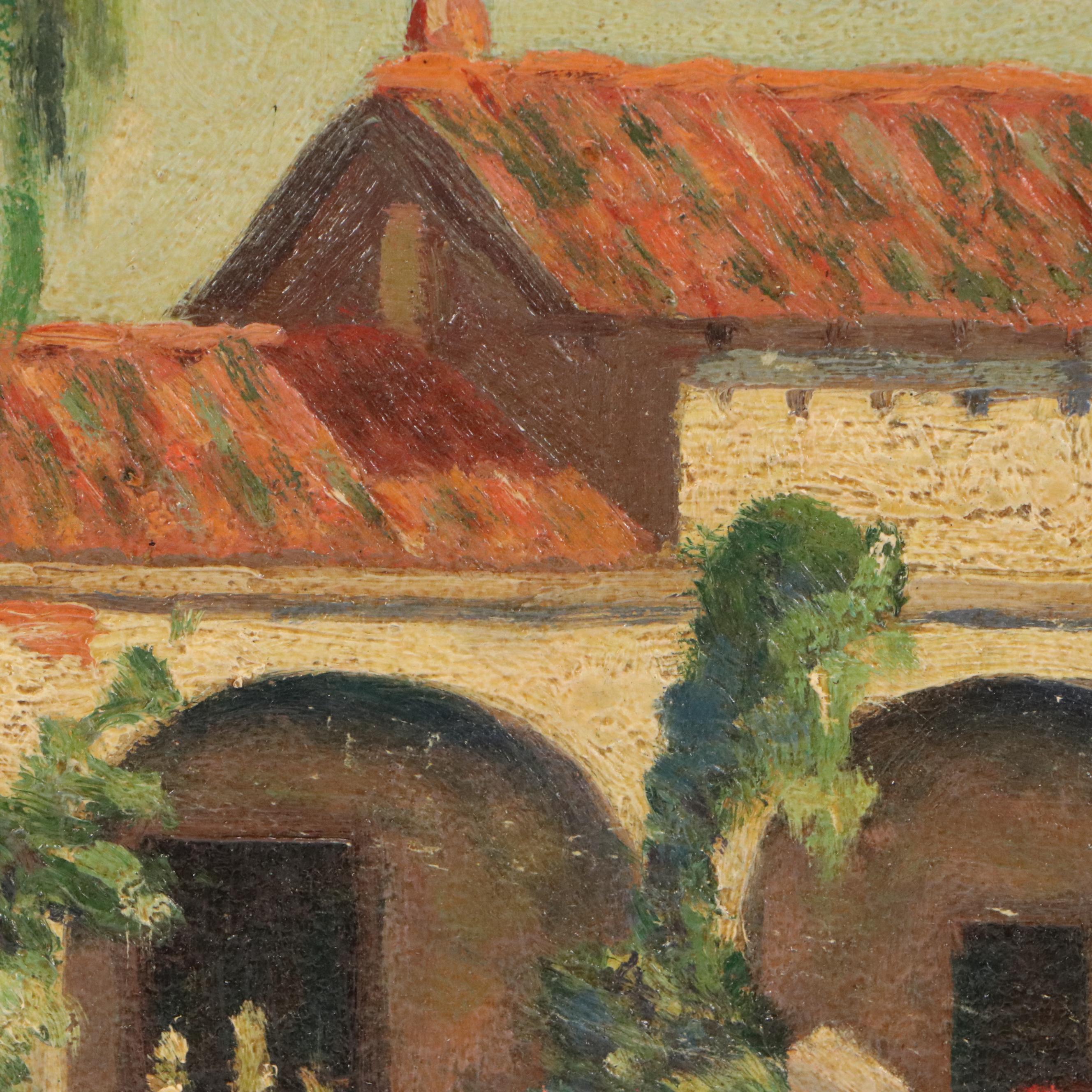 H. Don Donnelle Landscape Oil Painting of Clay Roof House and Garden