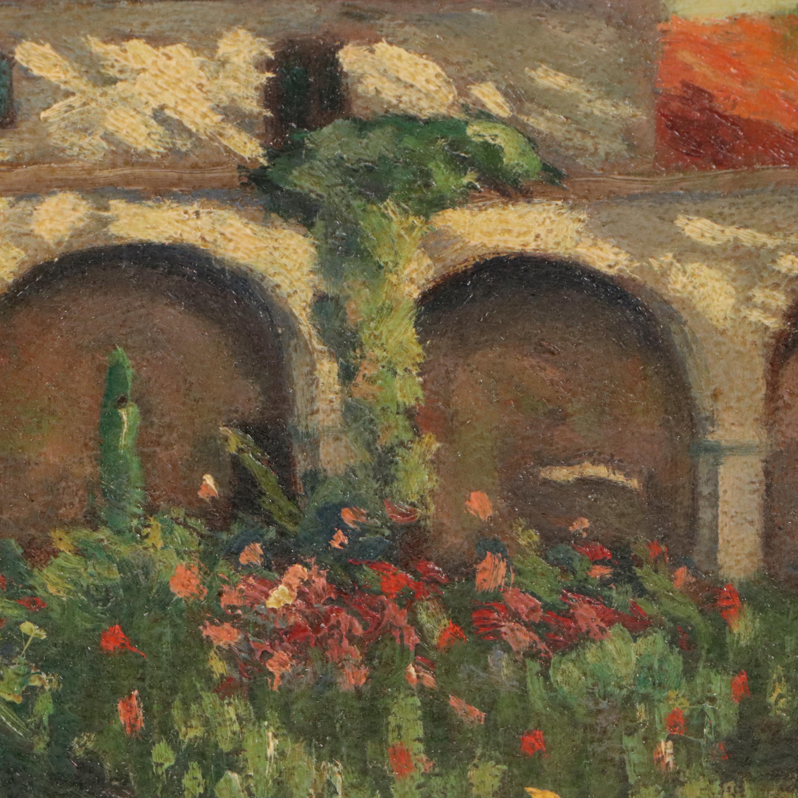 H. Don Donnelle Landscape Oil Painting of Clay Roof House and Garden