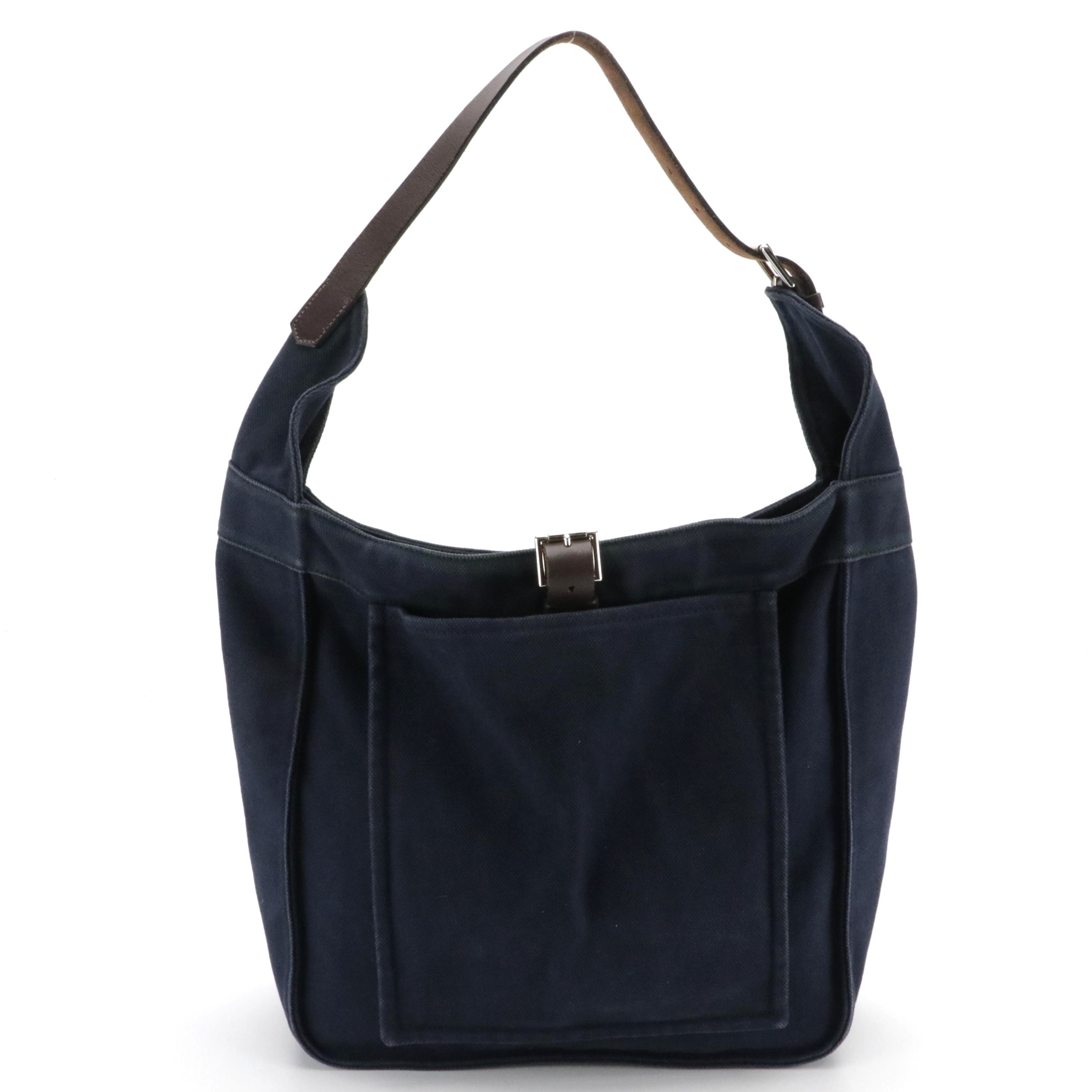 Hermès Marwari GM Shoulder Bag in Navy Cotton Canvas and Brown Leather Trim