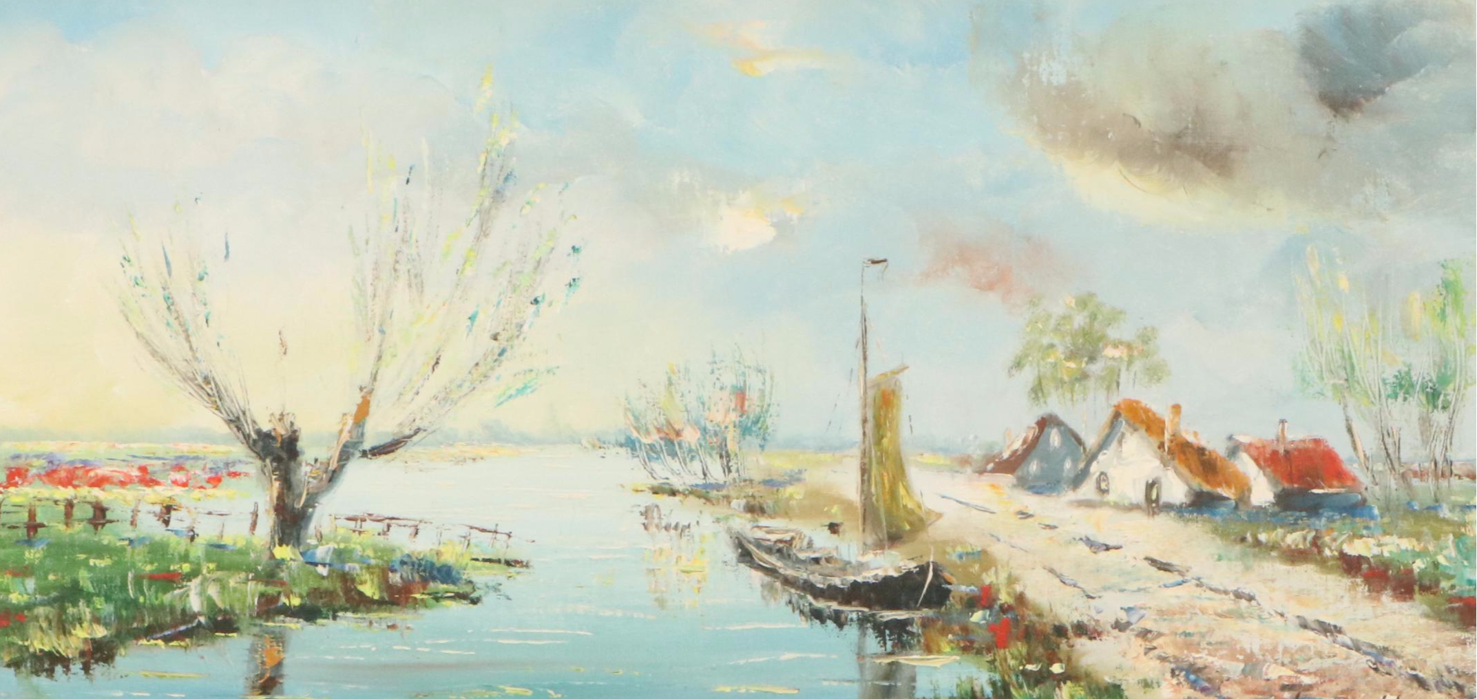 Landscape Oil Painting of Canal with Sailing Boat and Cottage