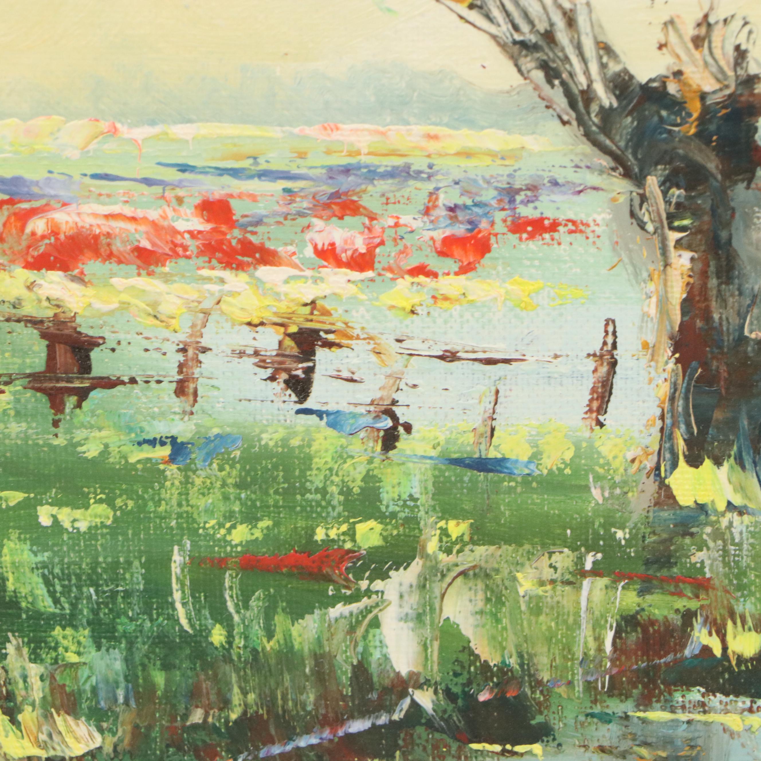 Landscape Oil Painting of Canal with Sailing Boat and Cottage