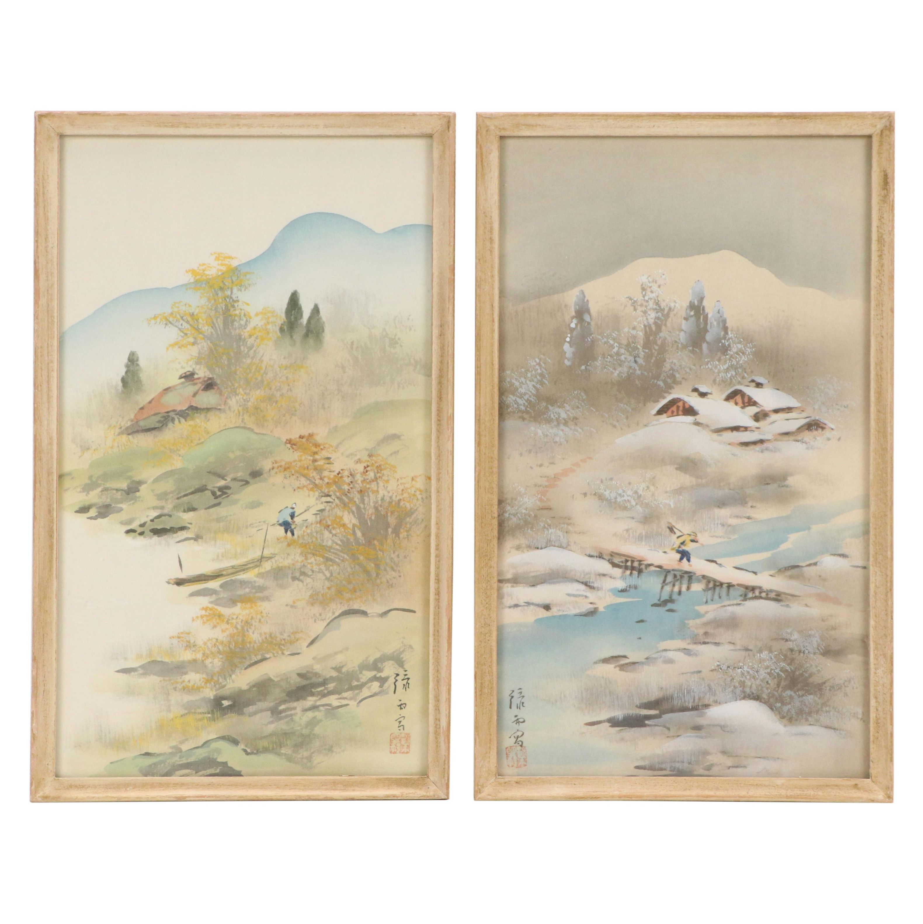 Chinese School Landscape Gouache Paintings of Riverside Home, 20th Century