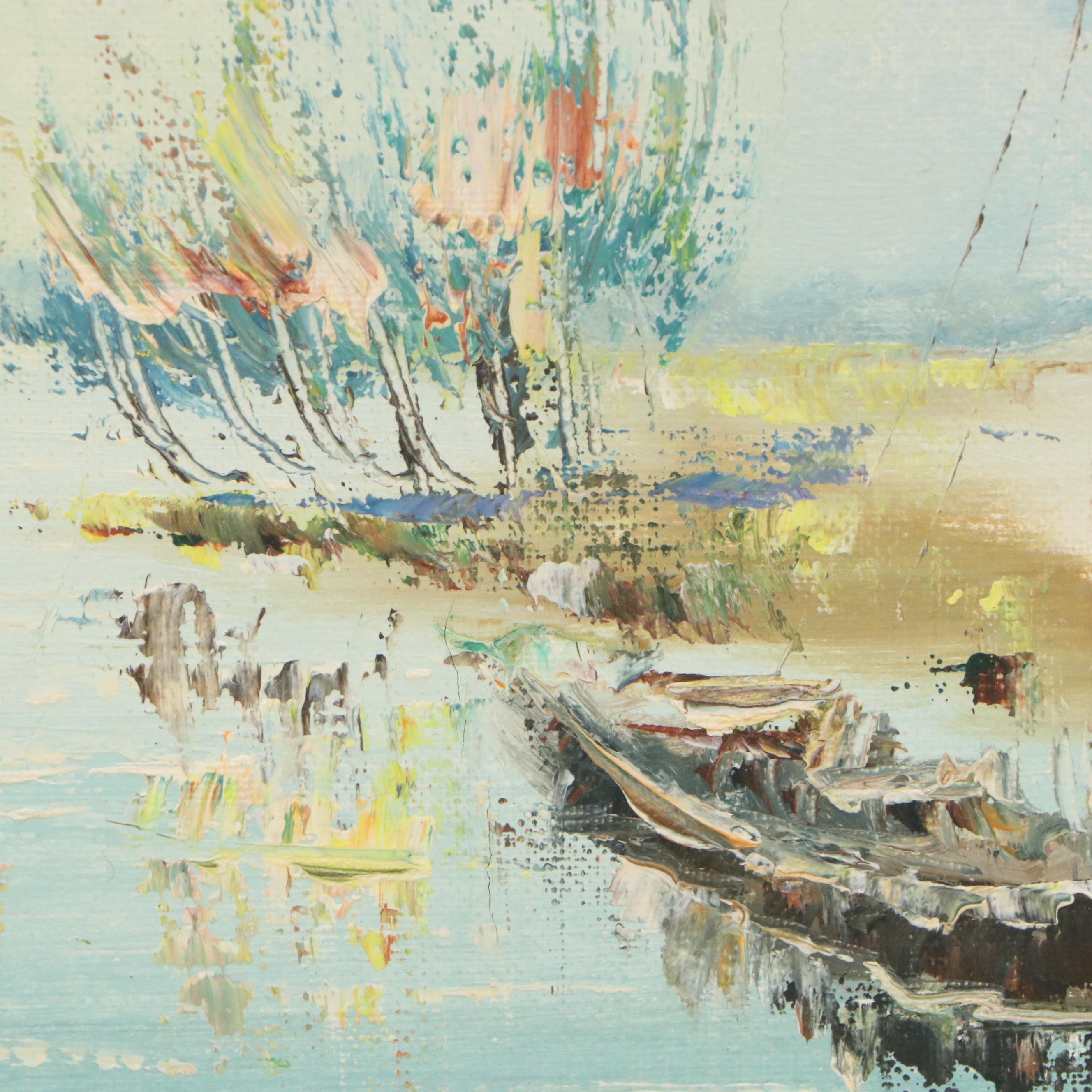 Landscape Oil Painting of Canal with Sailing Boat and Cottage