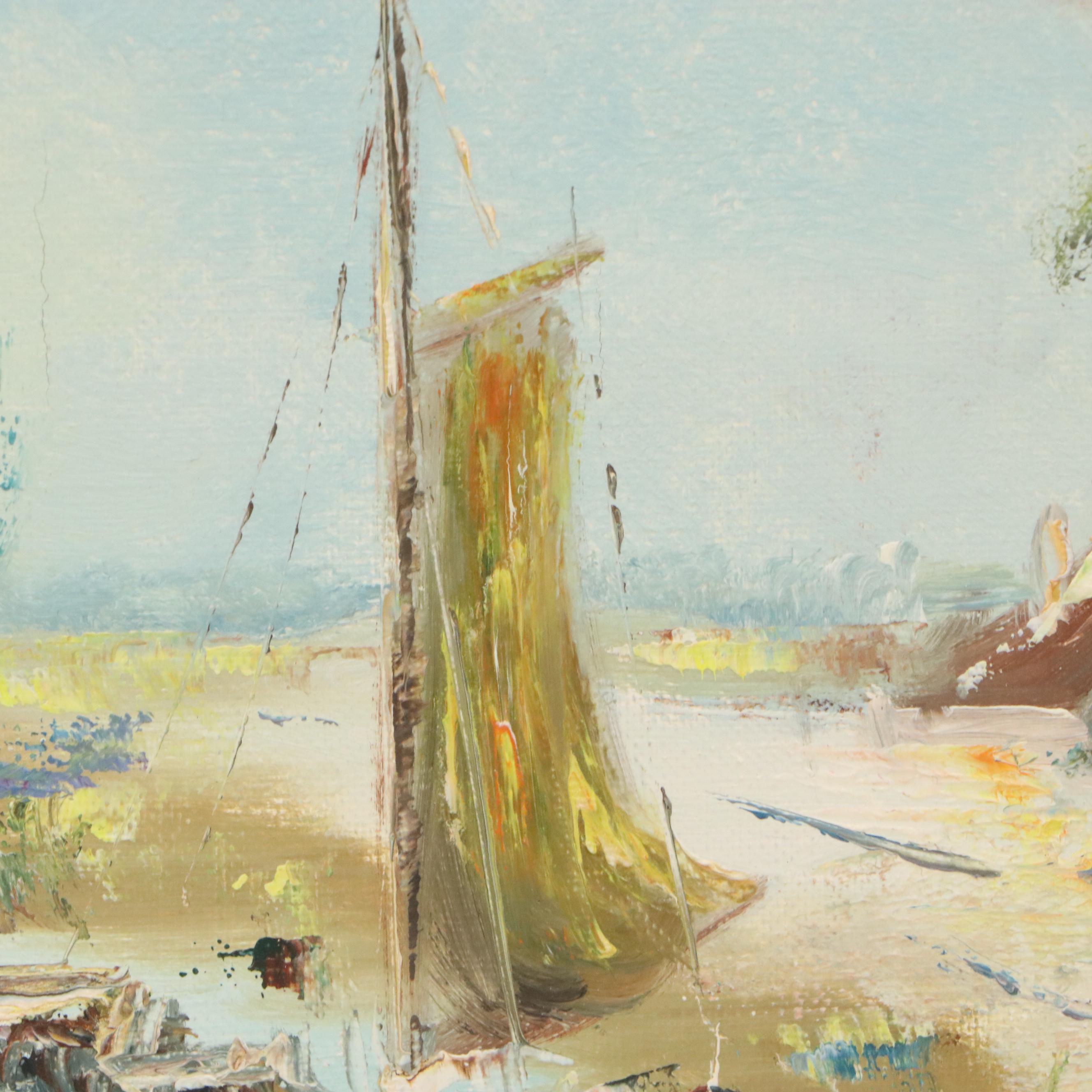 Landscape Oil Painting of Canal with Sailing Boat and Cottage