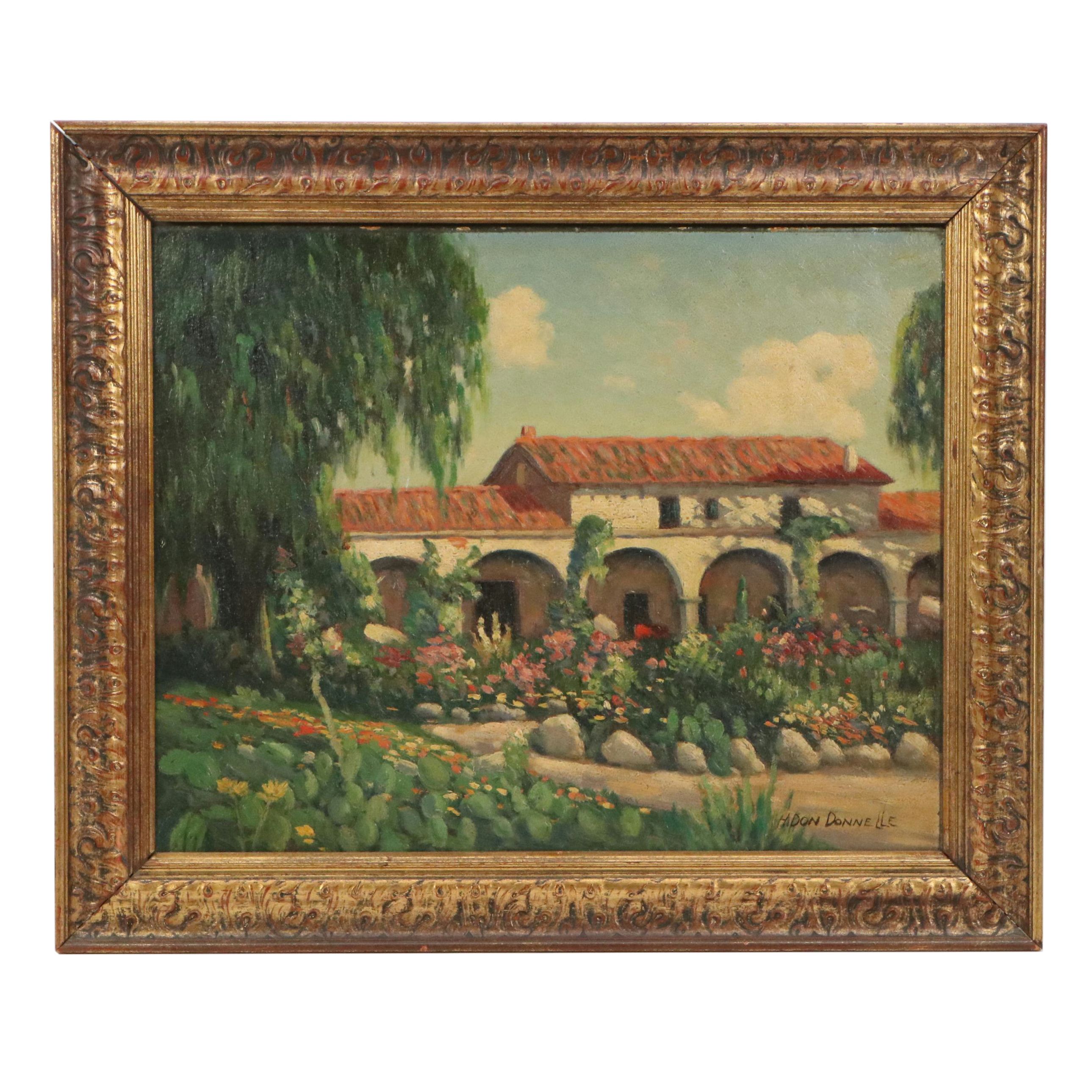 H. Don Donnelle Landscape Oil Painting of Clay Roof House and Garden