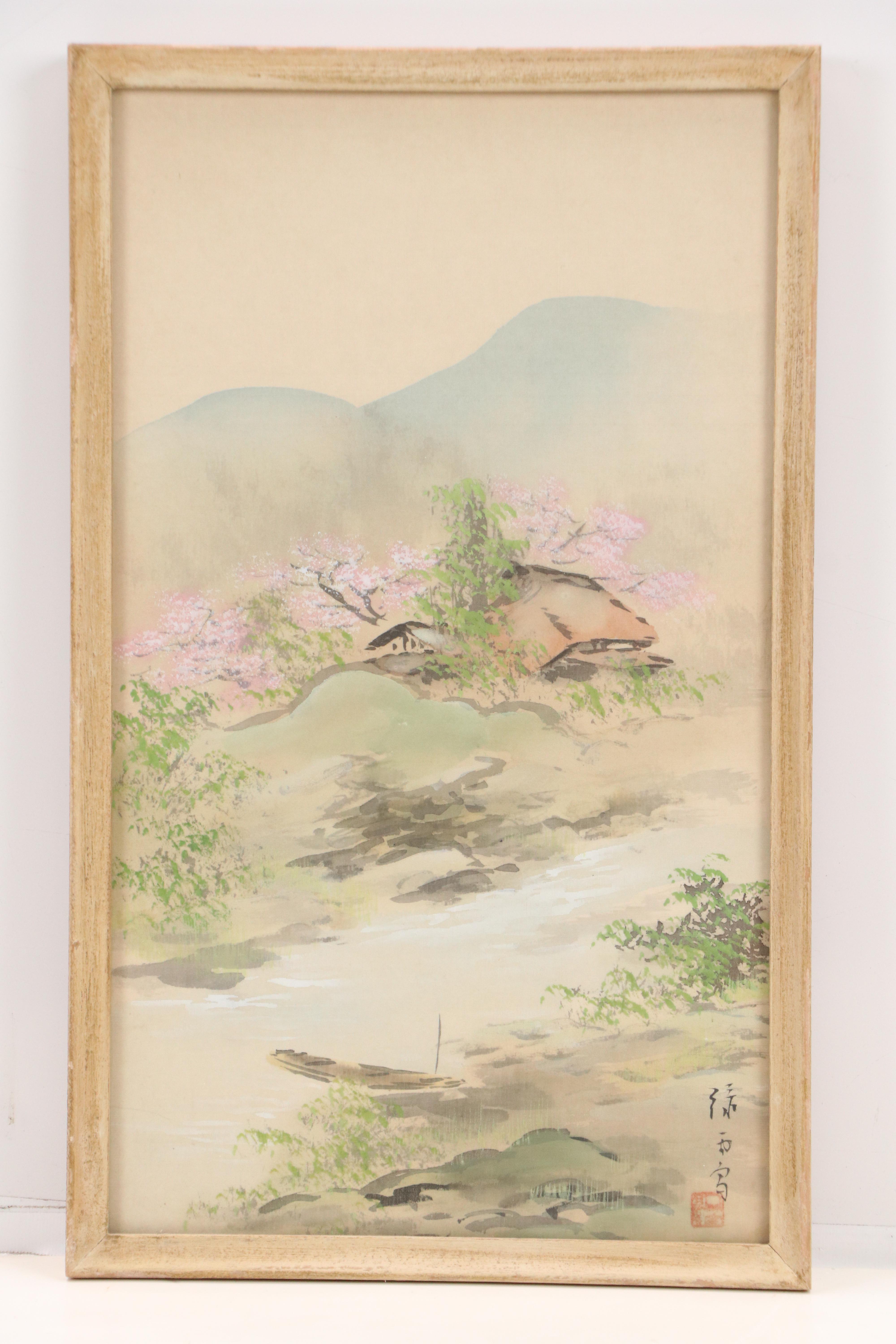 Chinese School Landscape Gouache Paintings of Riverside Home, 20th Century
