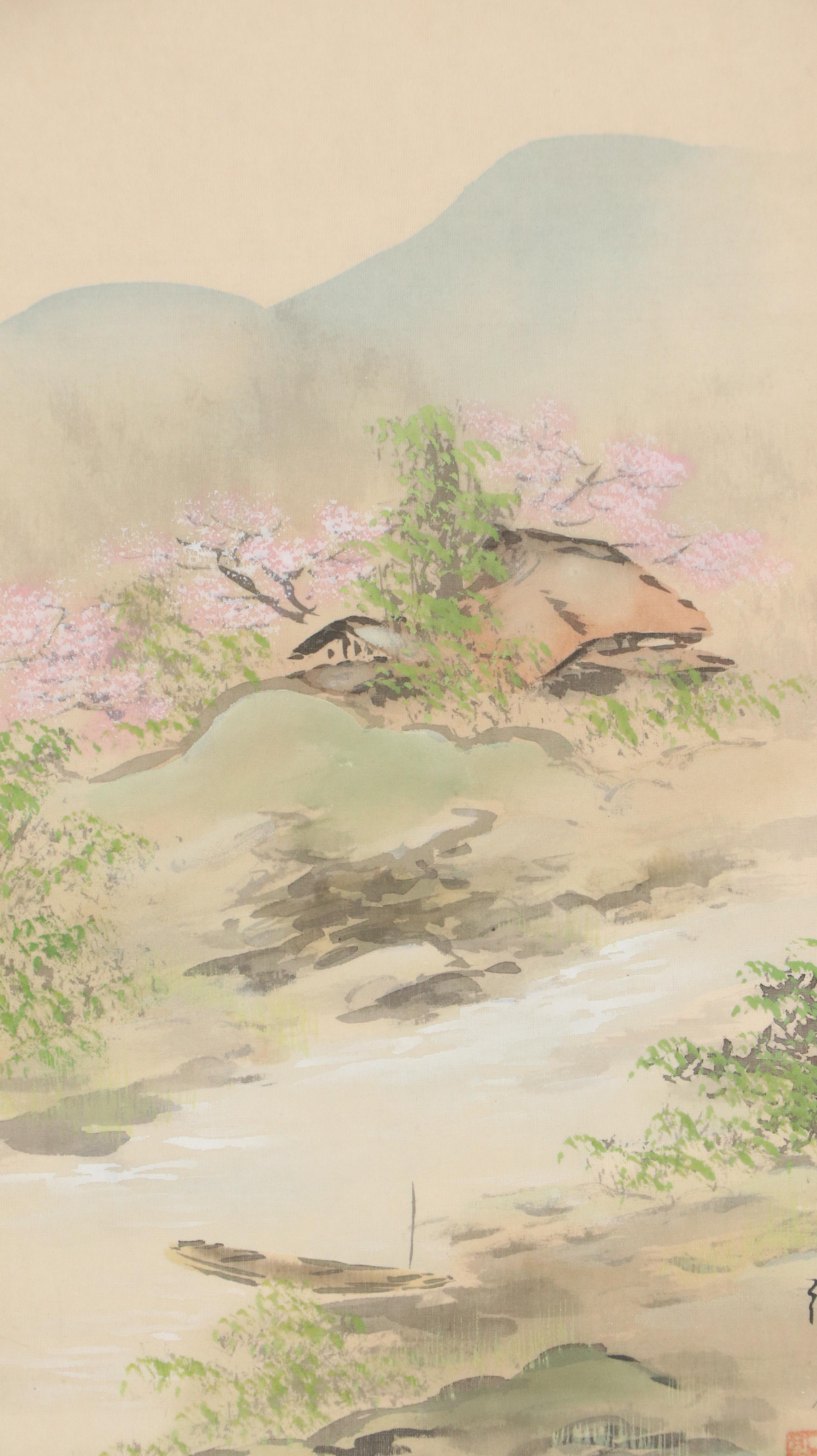 Chinese School Landscape Gouache Paintings of Riverside Home, 20th Century