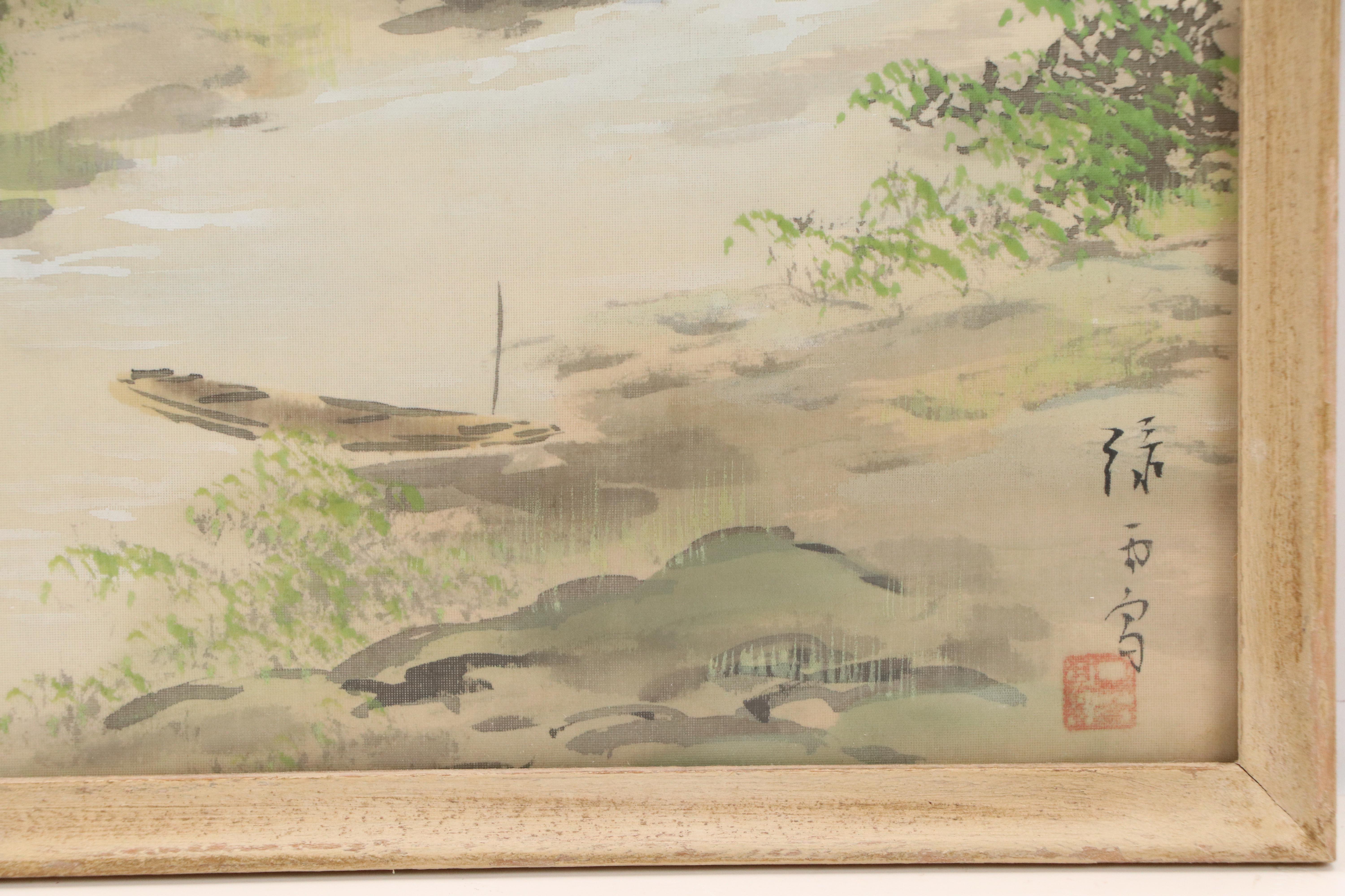 Chinese School Landscape Gouache Paintings of Riverside Home, 20th Century