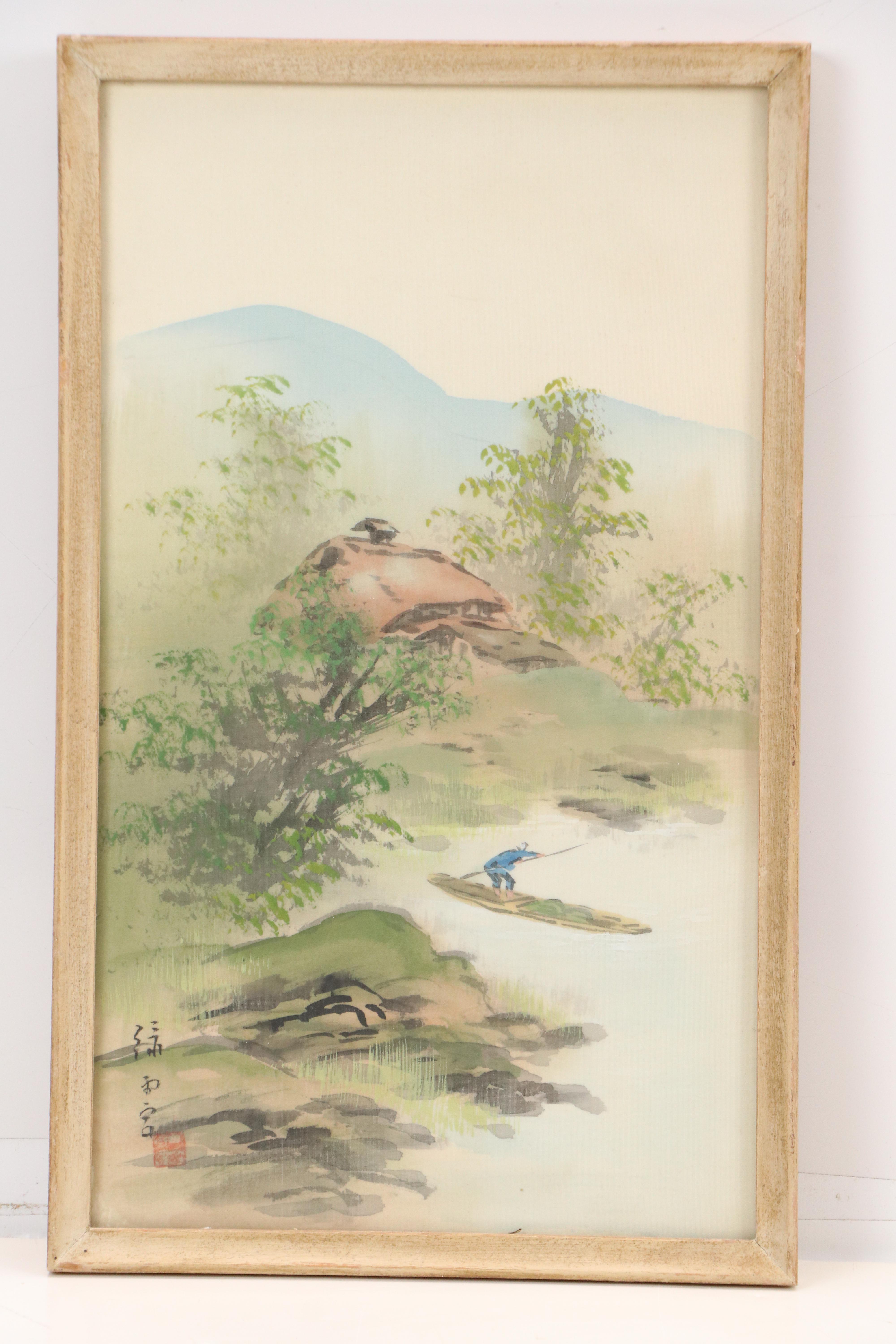 Chinese School Landscape Gouache Paintings of Riverside Home, 20th Century
